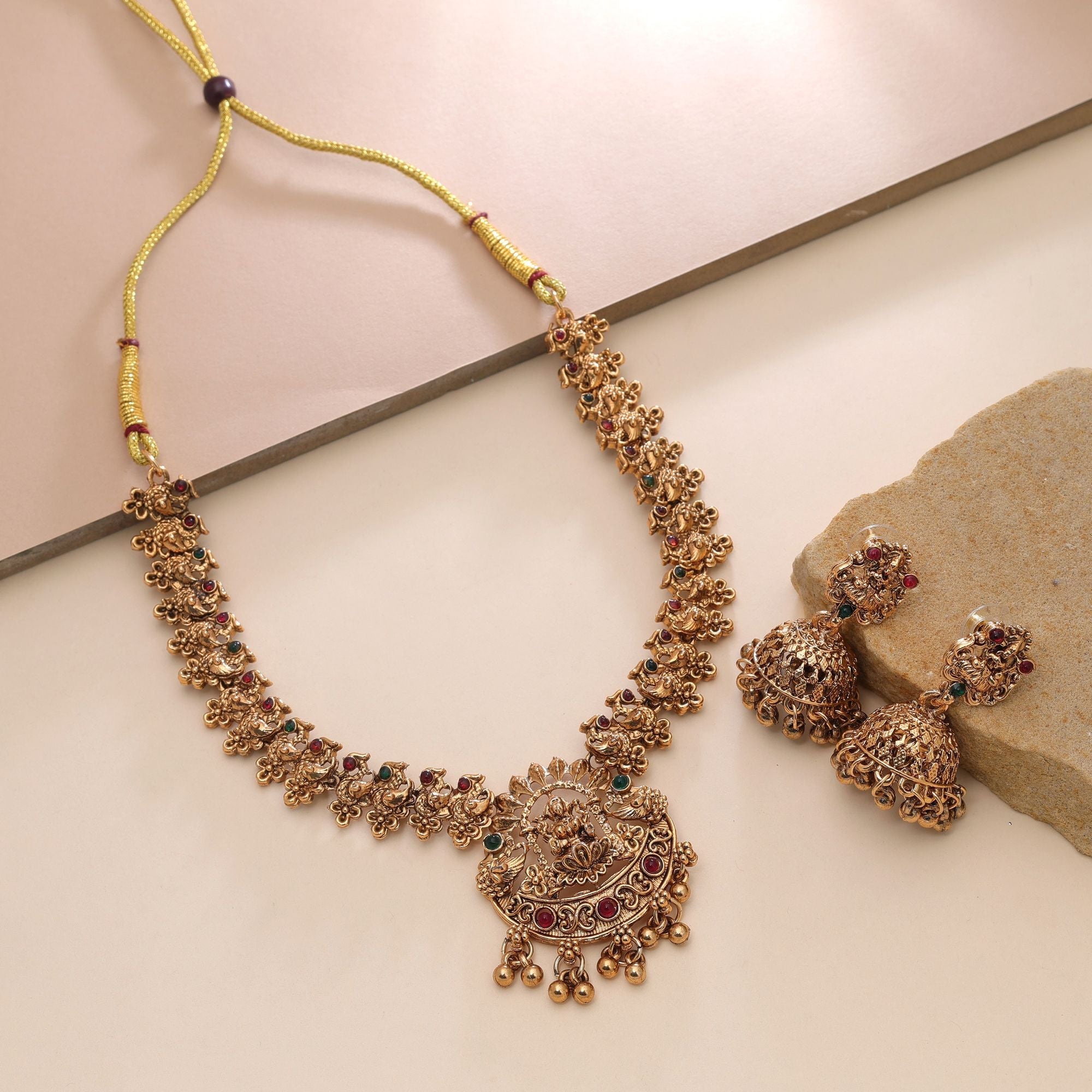 Maroon & Green Color Temple Necklace Set Premium Style