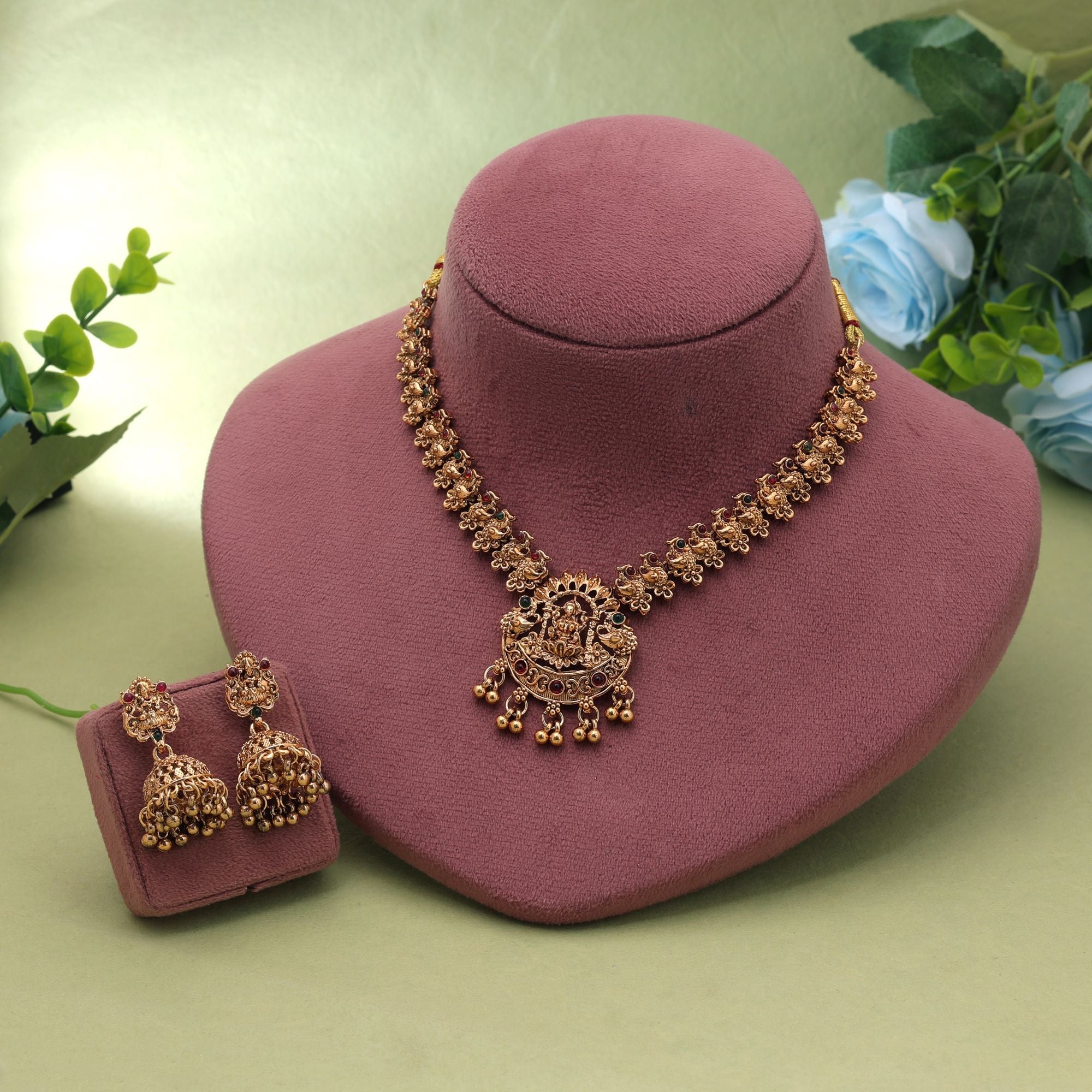Maroon & Green Color Temple Necklace Set Premium Style