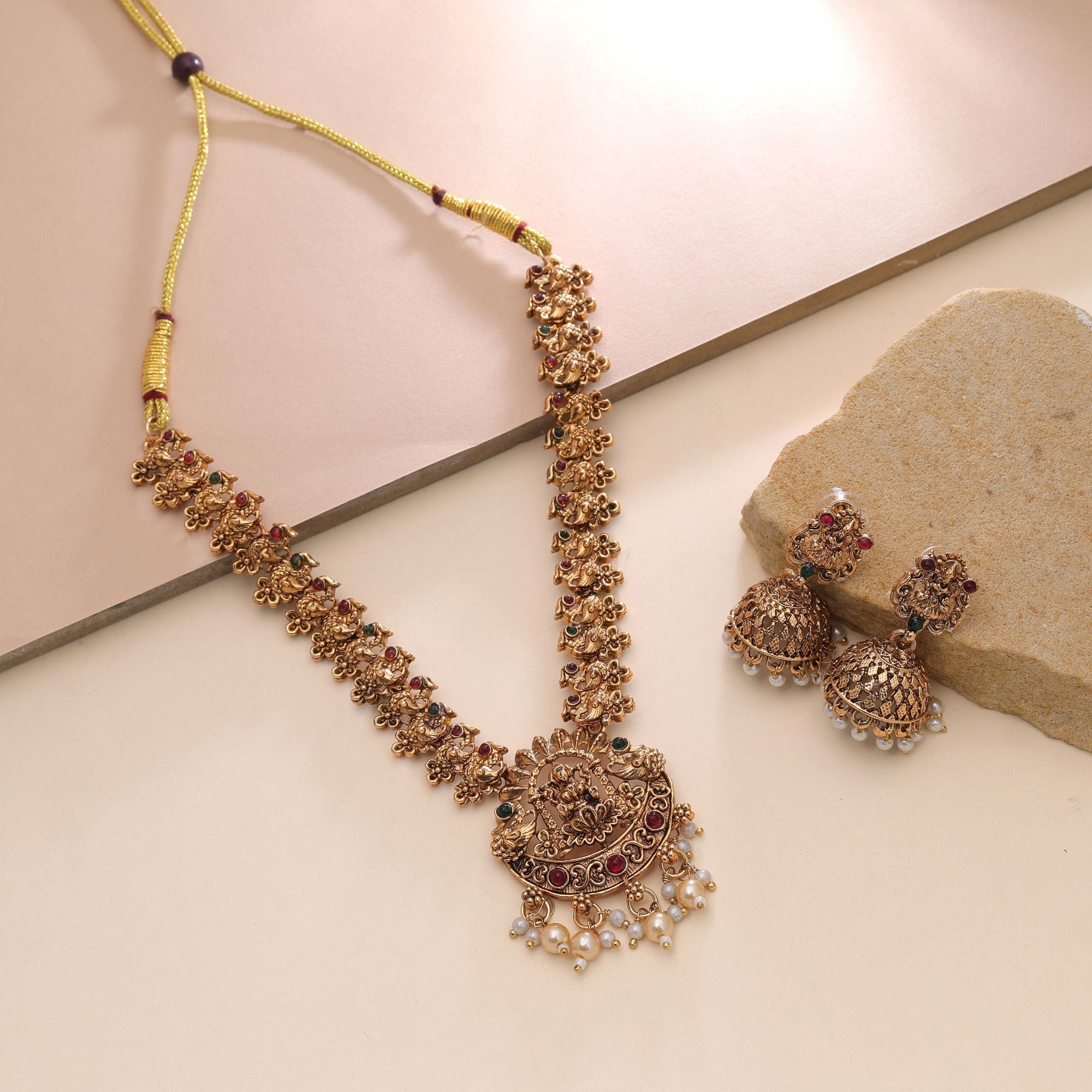 Maroon & Green Color Temple Necklace Set Festive Look