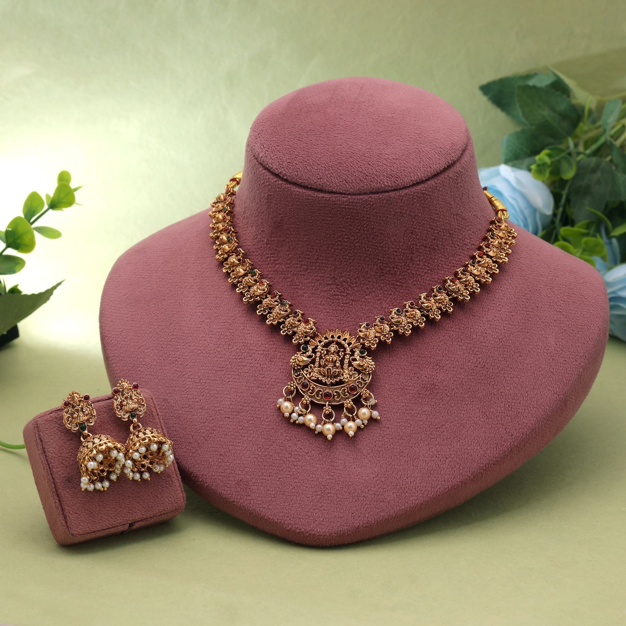 Maroon & Green Color Temple Necklace Set Festive Look