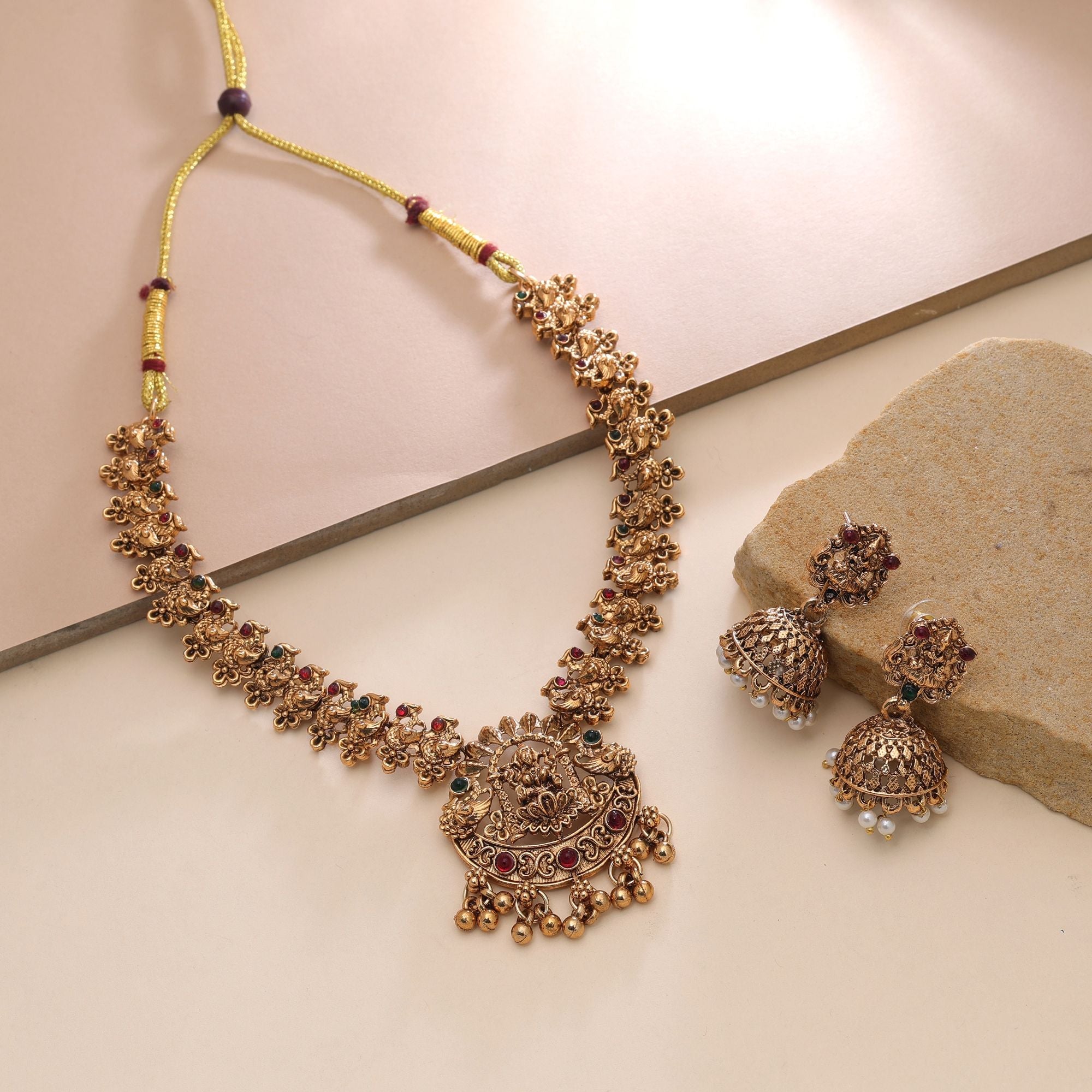 Maroon & Green Color Temple Necklace Set Temple Art