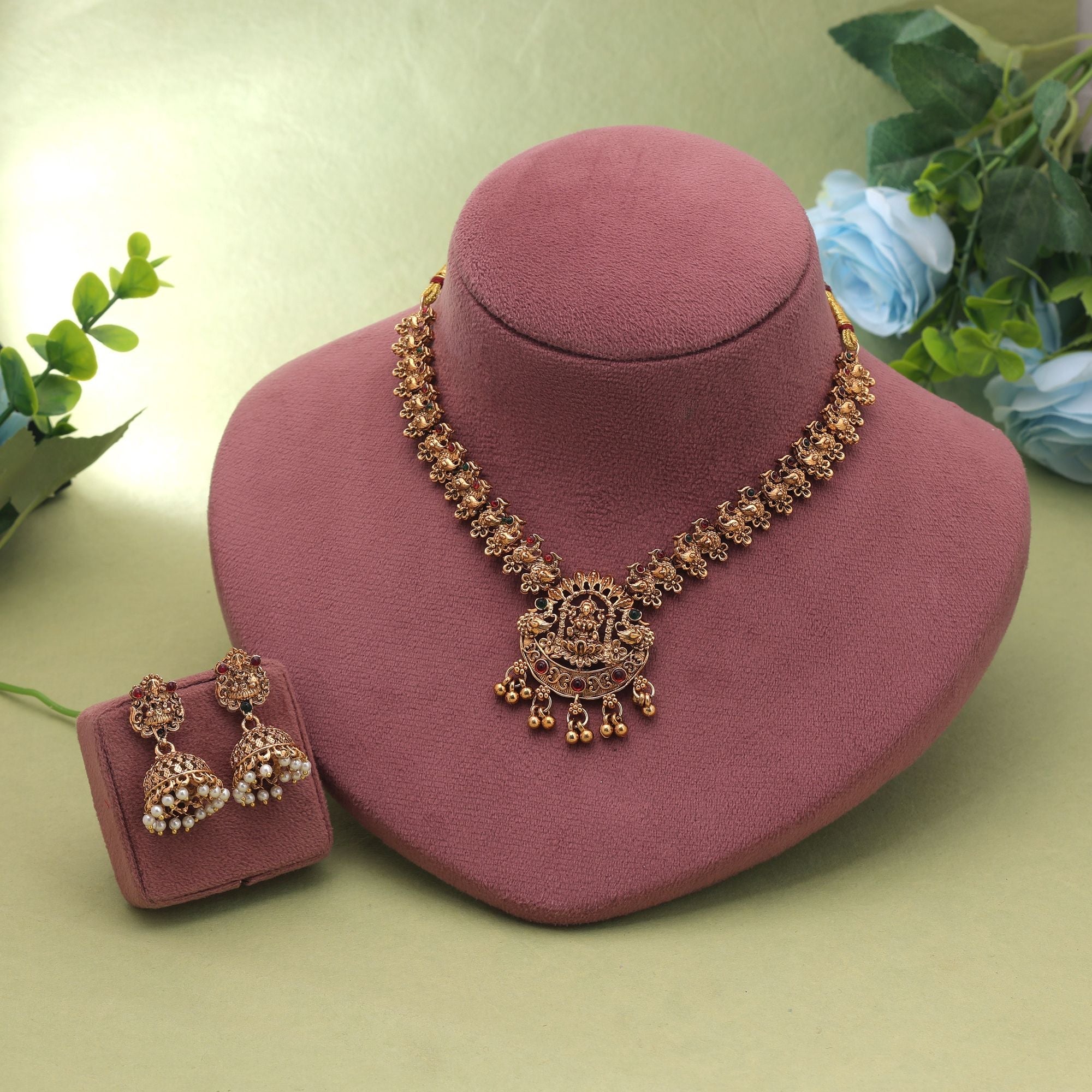 Maroon & Green Color Temple Necklace Set Temple Art
