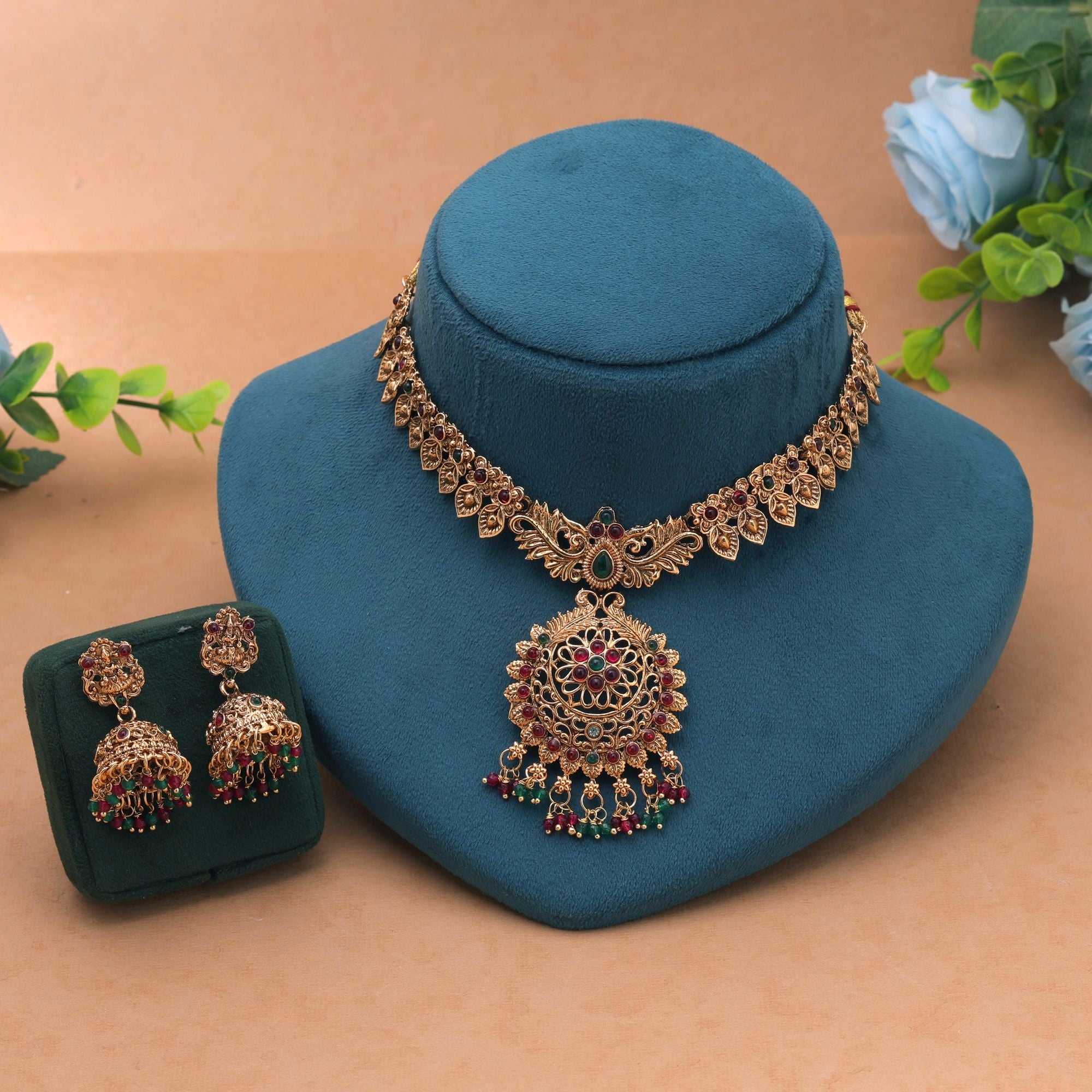 Rani & Green Color Temple Necklace Set Bridal Necklace