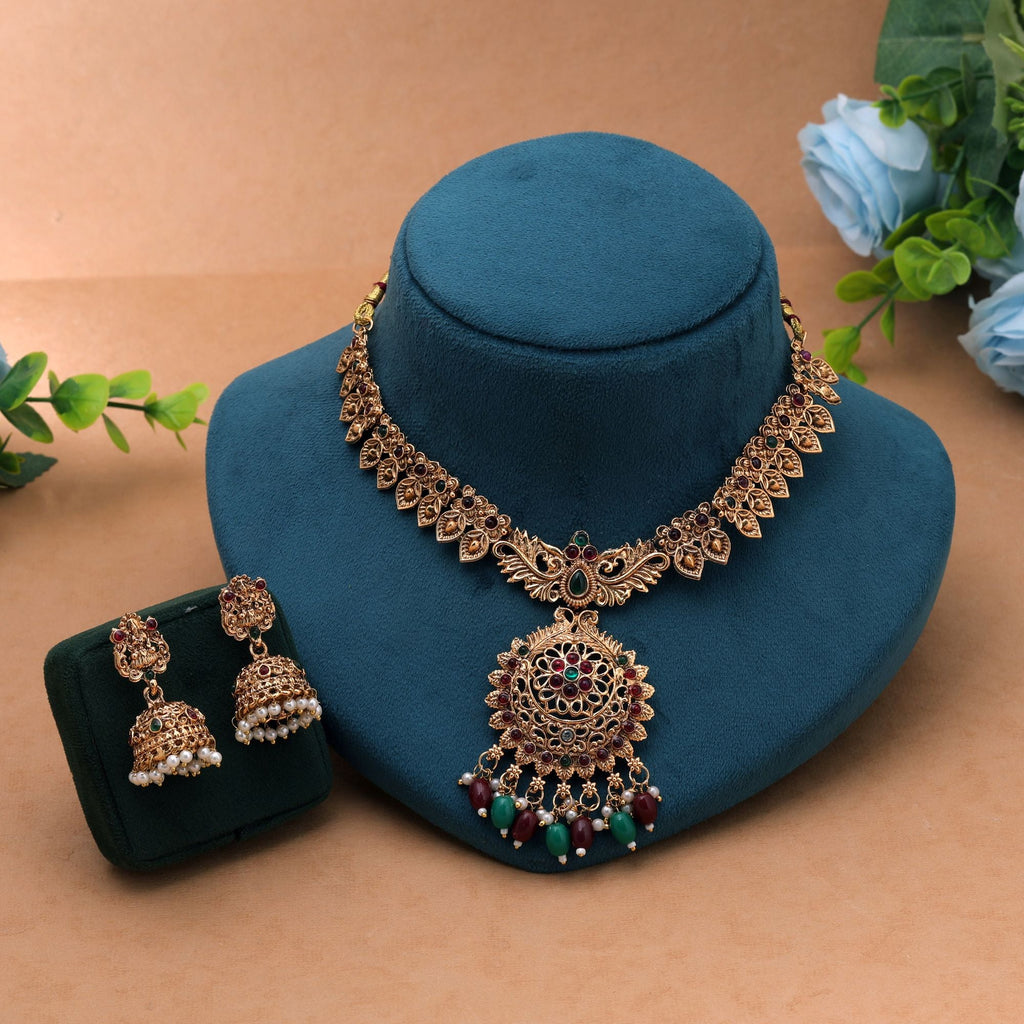 Maroon & Green Color Temple Necklace Set Gold Detailing