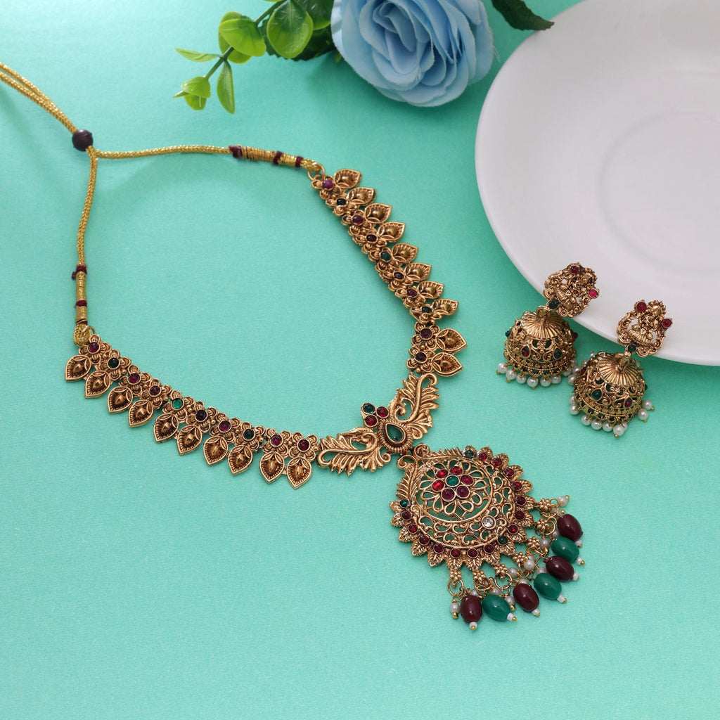 Maroon & Green Color Temple Necklace Set Gold Detailing