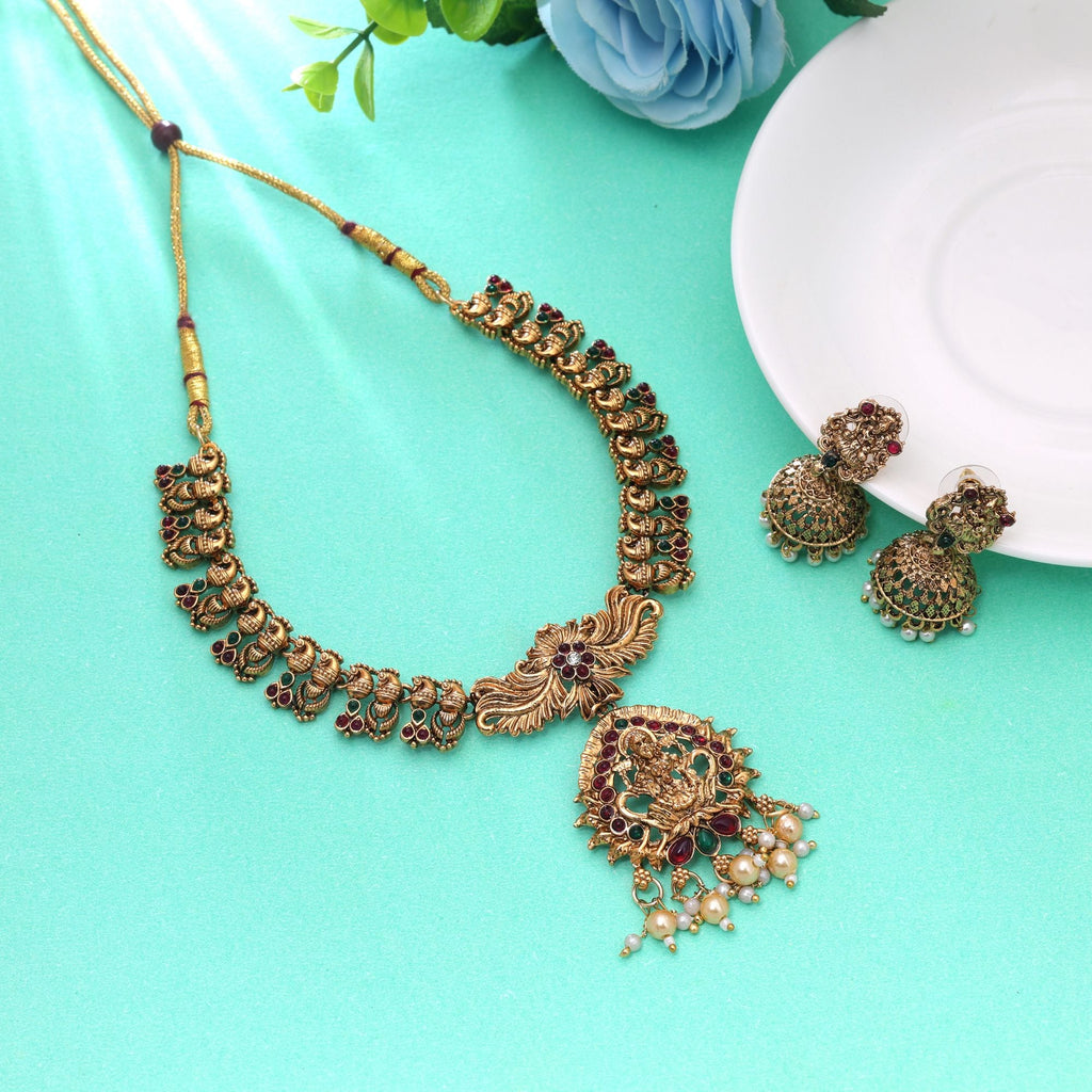 Maroon & Green Color Temple Necklace Set Goddess Motif