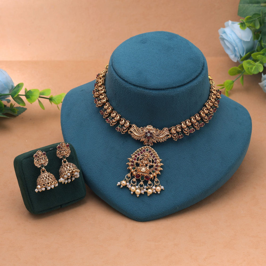 Maroon & Green Color Temple Necklace Set Goddess Motif