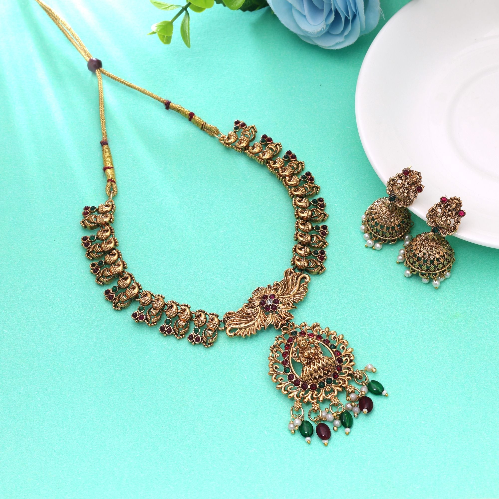 Maroon & Green Color Temple Necklace Set Heritage Finish