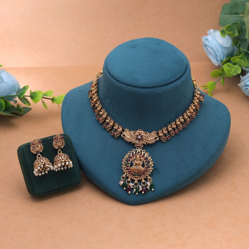 Maroon & Green Color Temple Necklace Set Heritage Finish