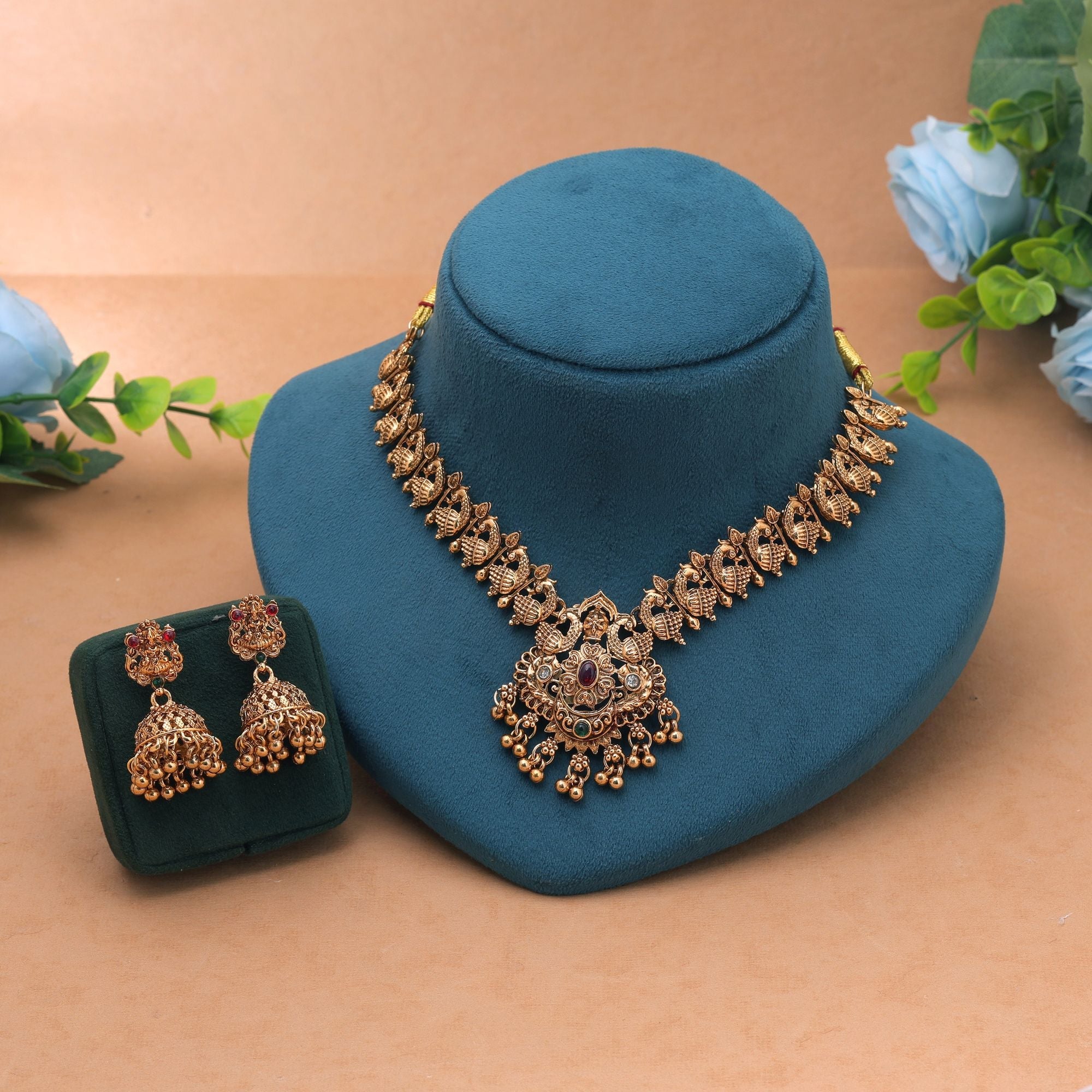Rani & Green Color Temple Necklace Set Festive Collection