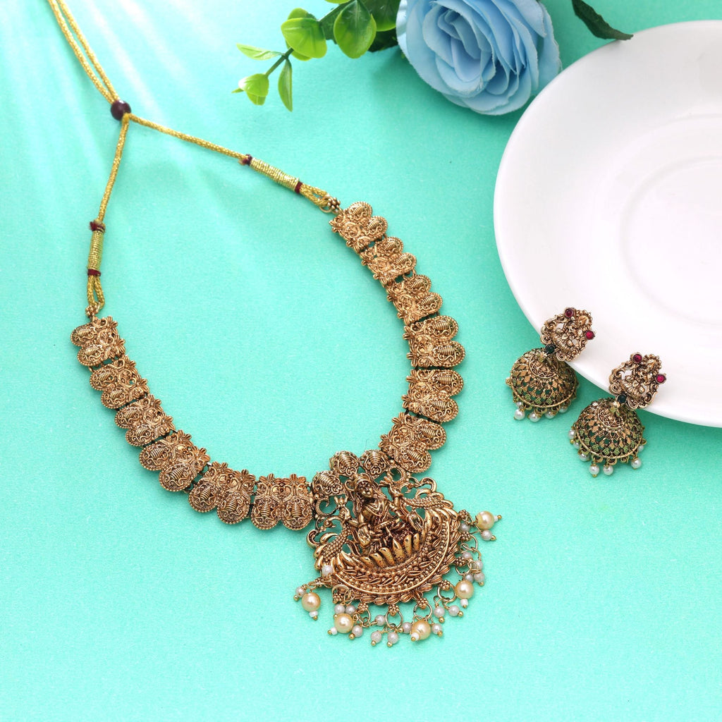 Gold Color Temple Necklace Set Matte Traditional Finish