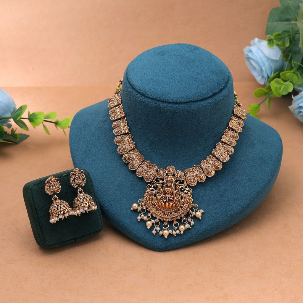 Gold Color Temple Necklace Set Matte Traditional Finish