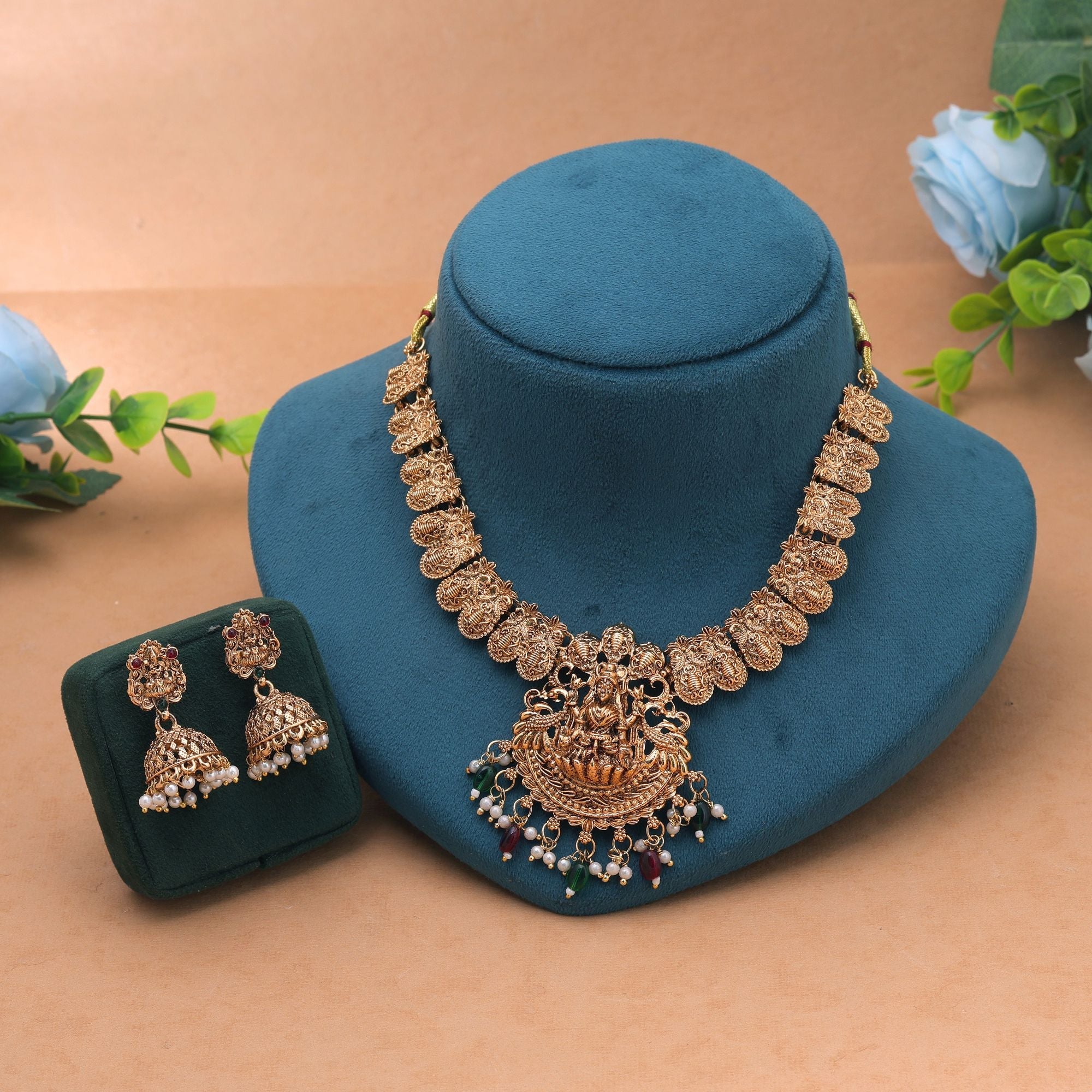 Maroon & Green Color Temple Necklace Set Designer Work