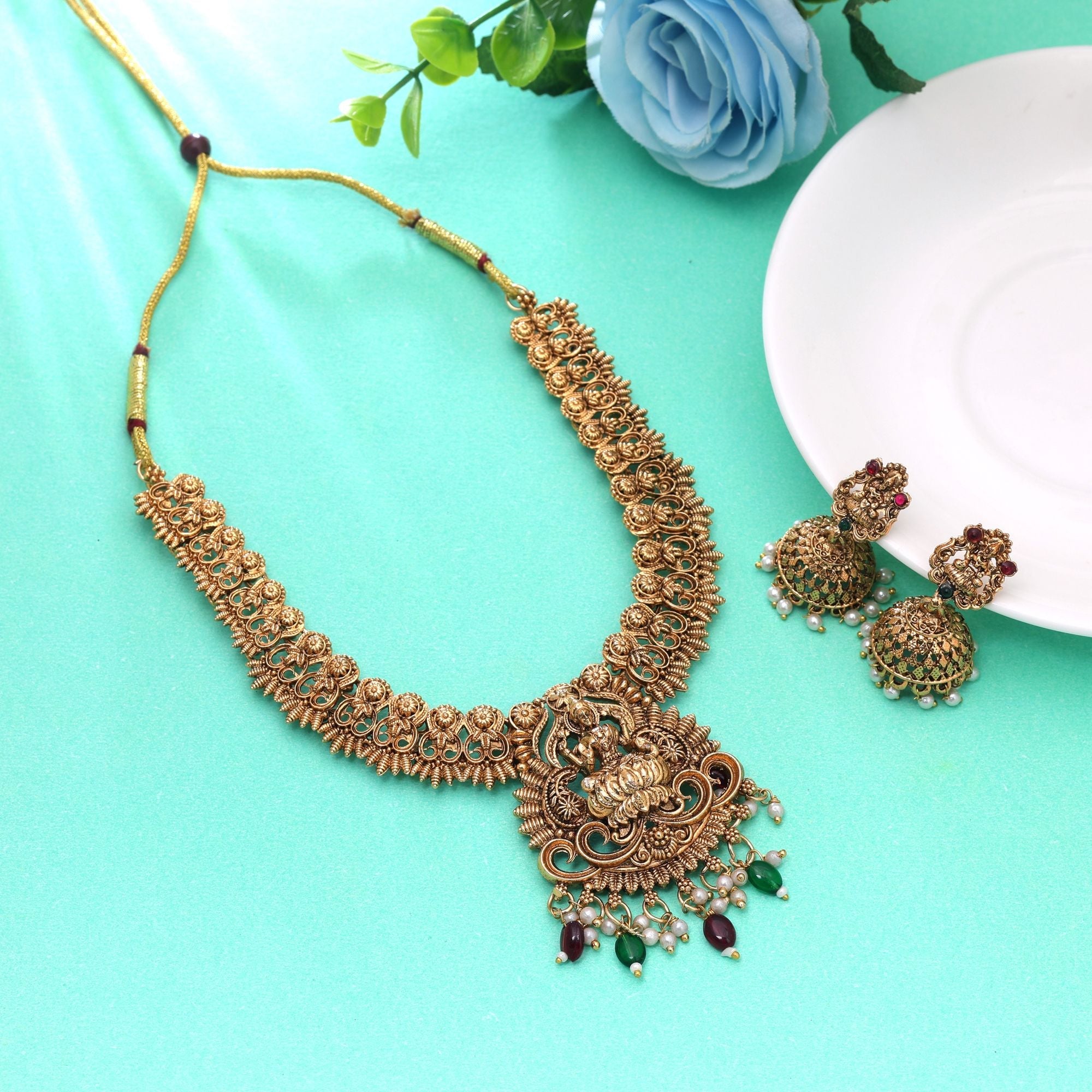 Maroon & Green Color Temple Necklace Set Royal Ethnic Look