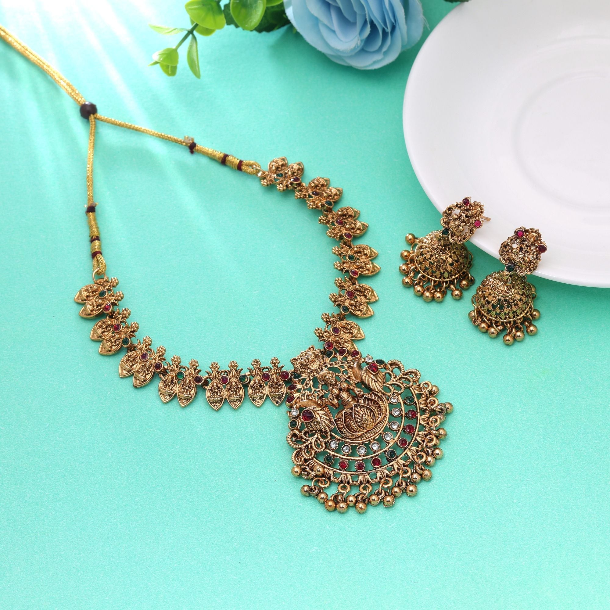 Maroon & Green Color Temple Necklace Set Bridal Touch