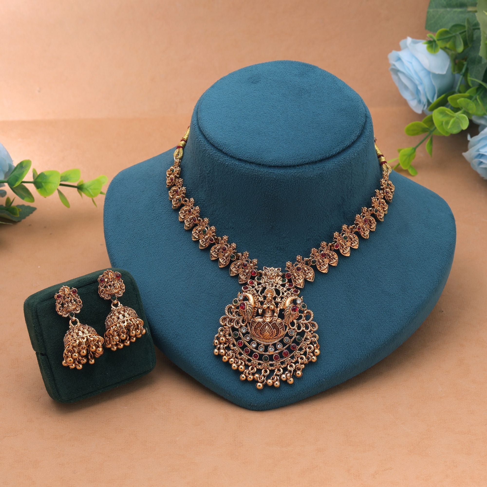 Maroon & Green Color Temple Necklace Set Bridal Touch