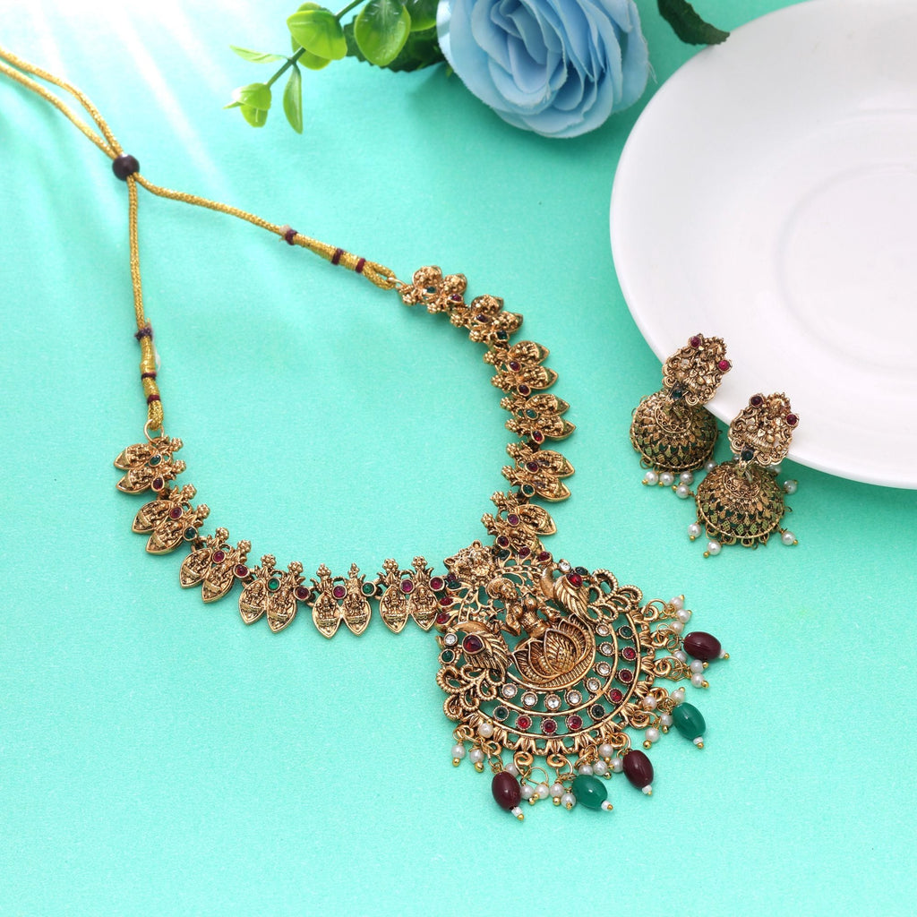 Maroon & Green Color Temple Necklace Set South Indian Style