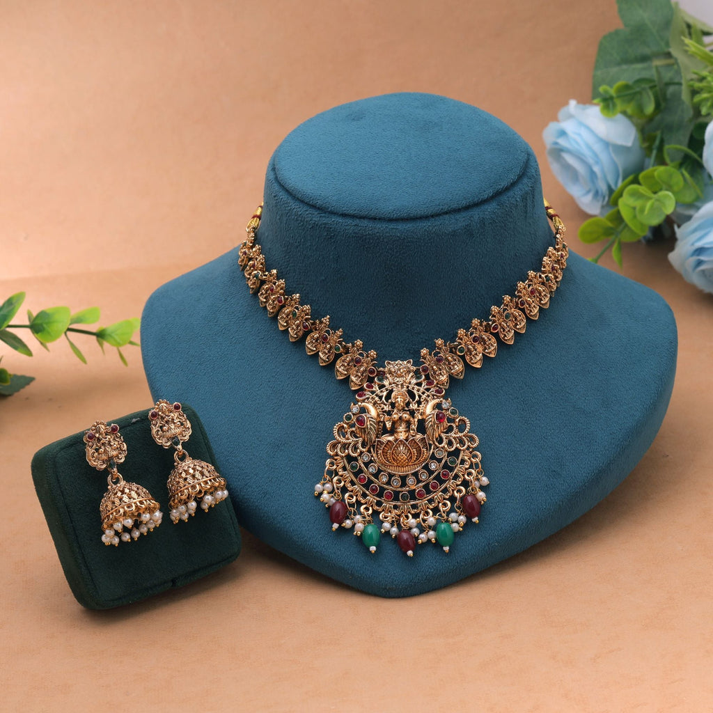 Maroon & Green Color Temple Necklace Set South Indian Style