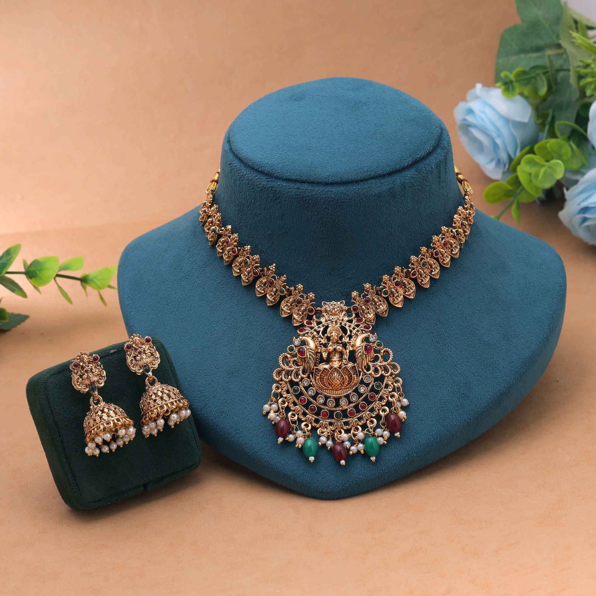 Maroon & Green Color Temple Necklace Set South Indian Style