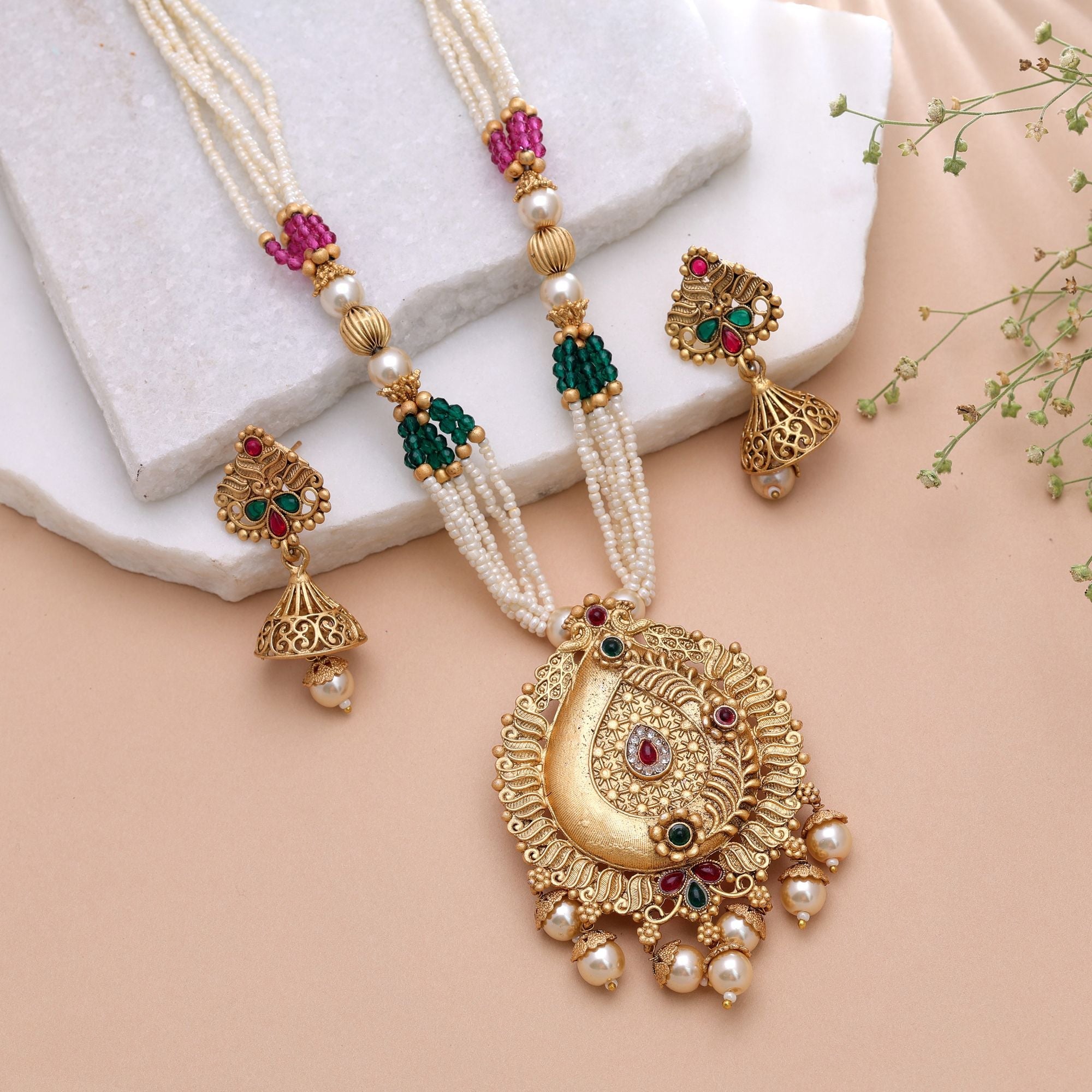 Multi Color Temple Necklace Jewelry Set South Indian Design
