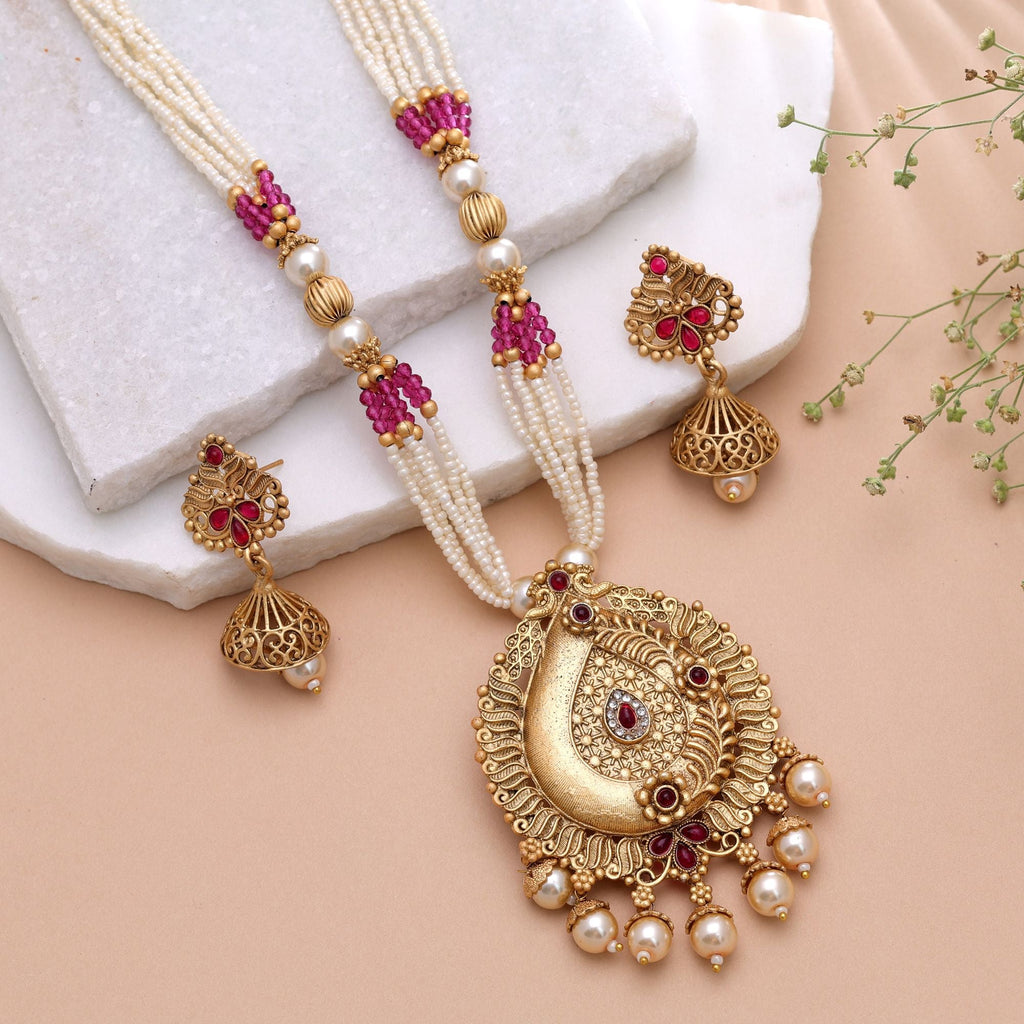 Red & Purple Color Temple Necklace Jewelry Set Festive Style