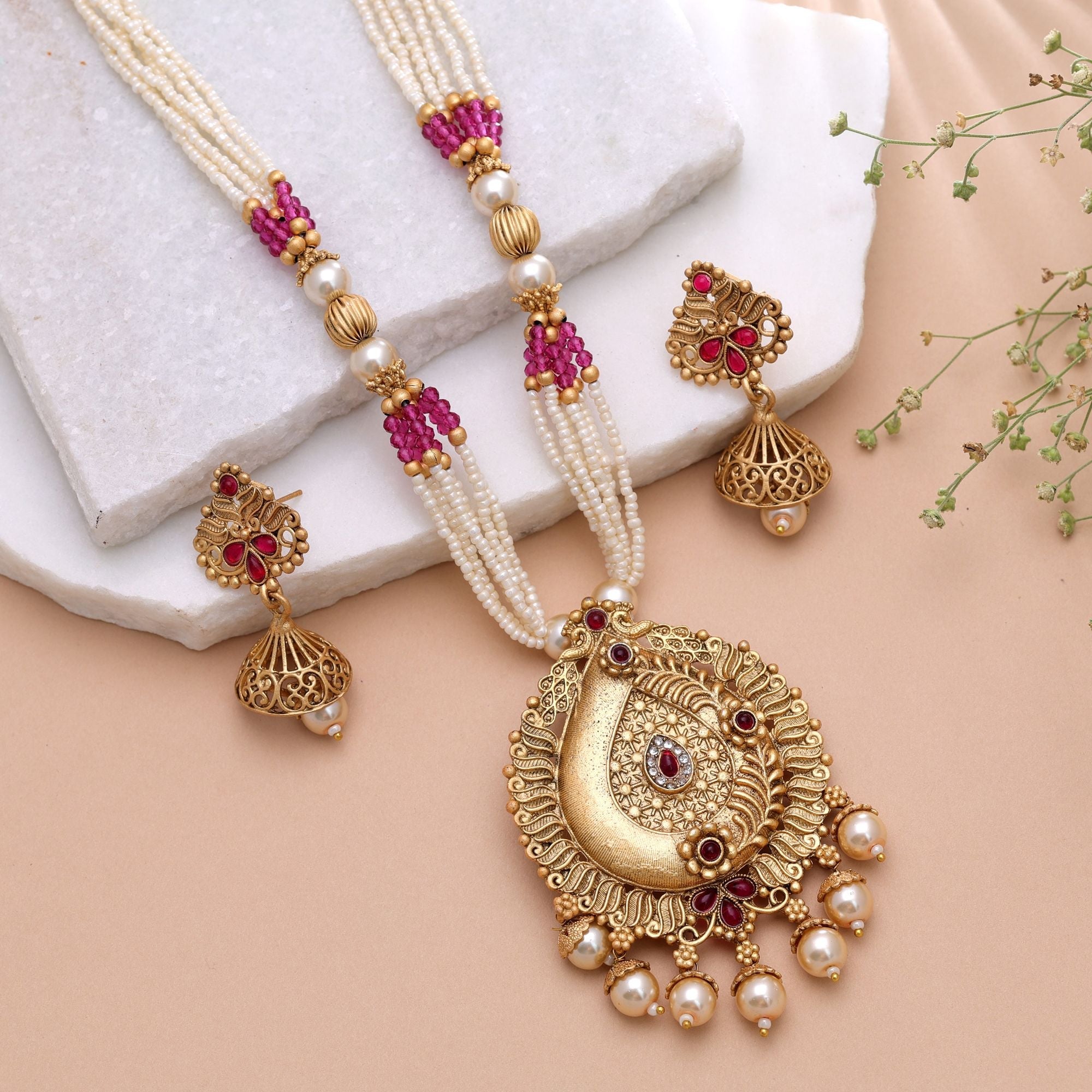 Red & Purple Color Temple Necklace Jewelry Set Festive Style