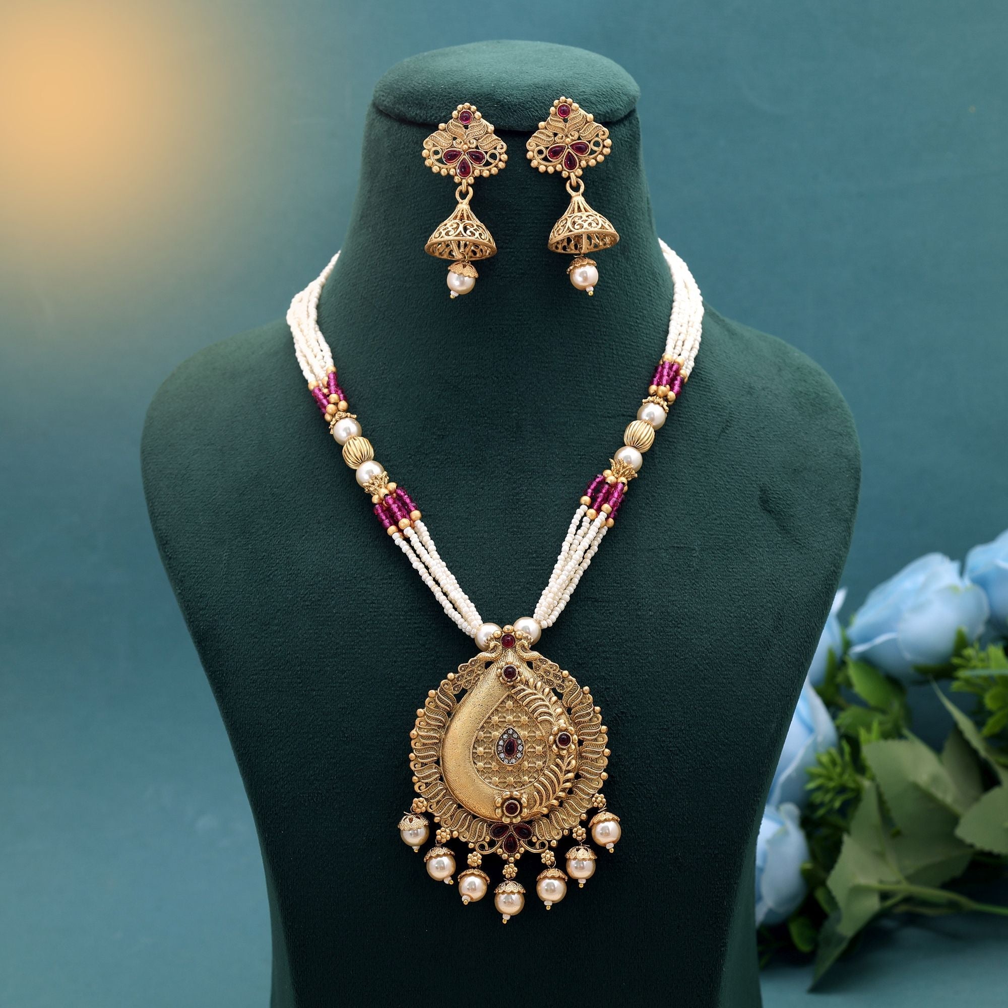 Red & Purple Color Temple Necklace Jewelry Set Festive Style