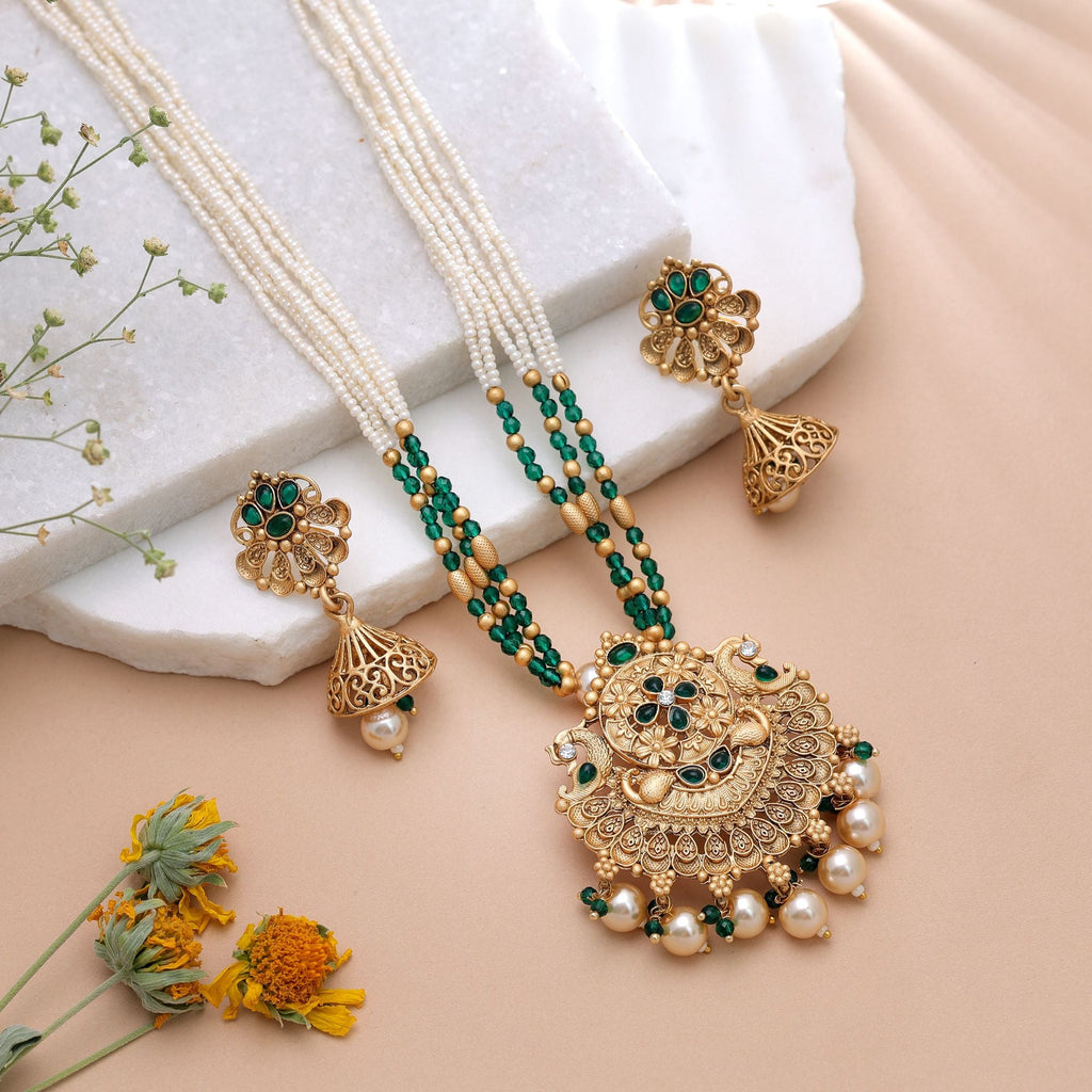 Green Color Temple Necklace Jewelry Set Traditional Style