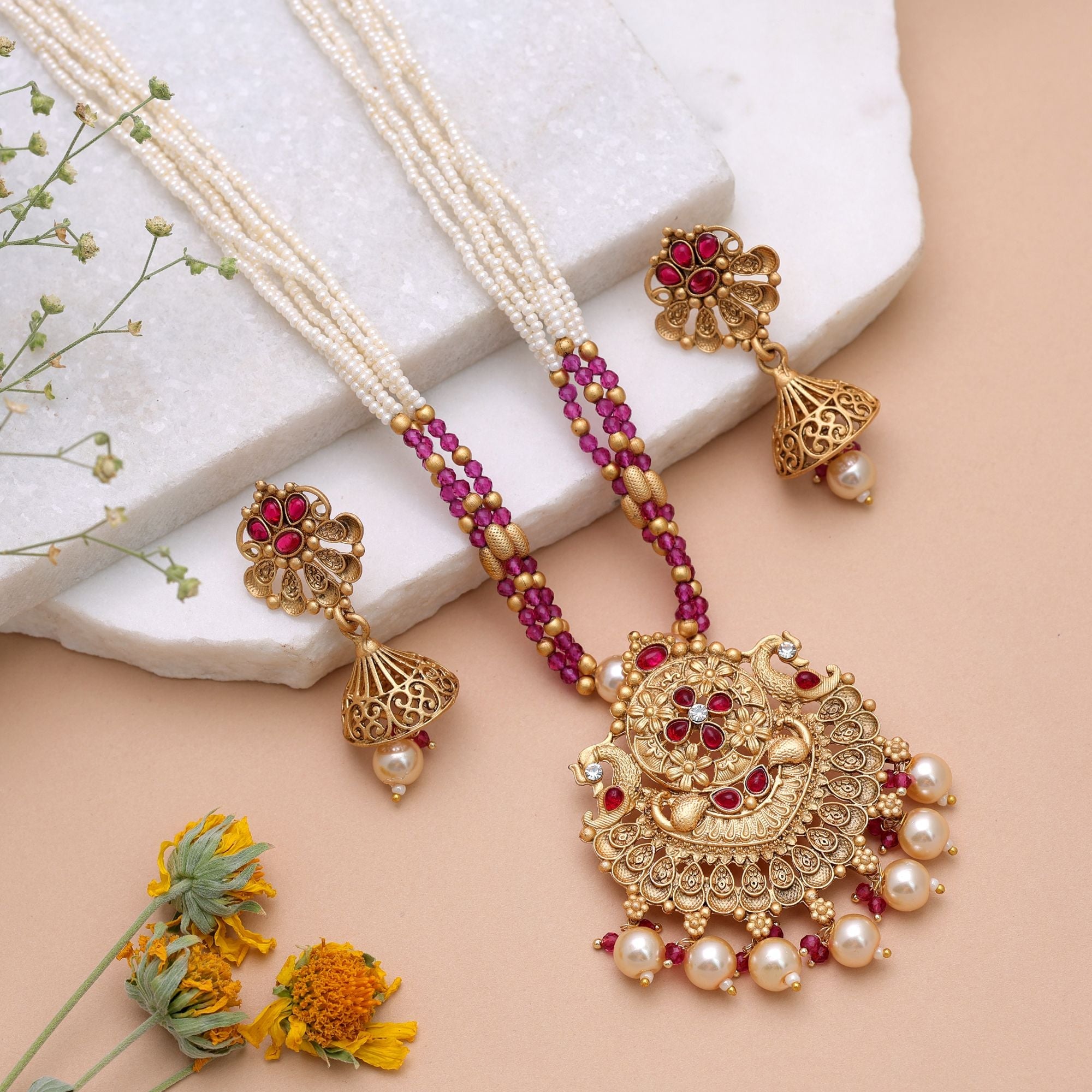 Red & Purple Color Temple Necklace Jewelry Set Handmade Design