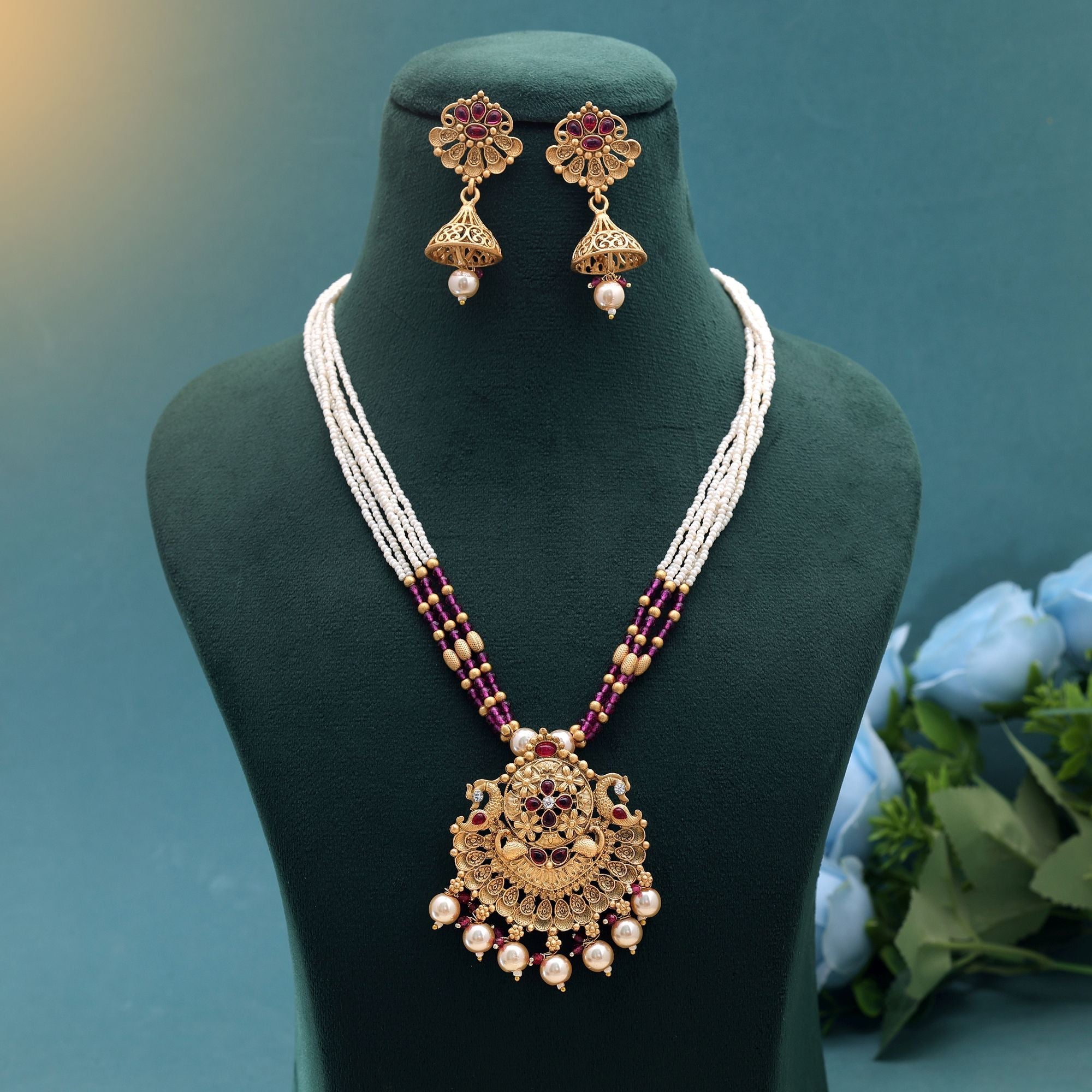Red & Purple Color Temple Necklace Jewelry Set Handmade Design