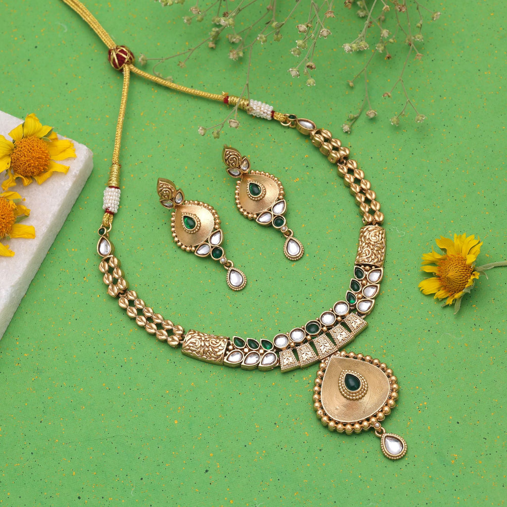 Green Color Temple Necklace Jewelry Set Bridal Style
