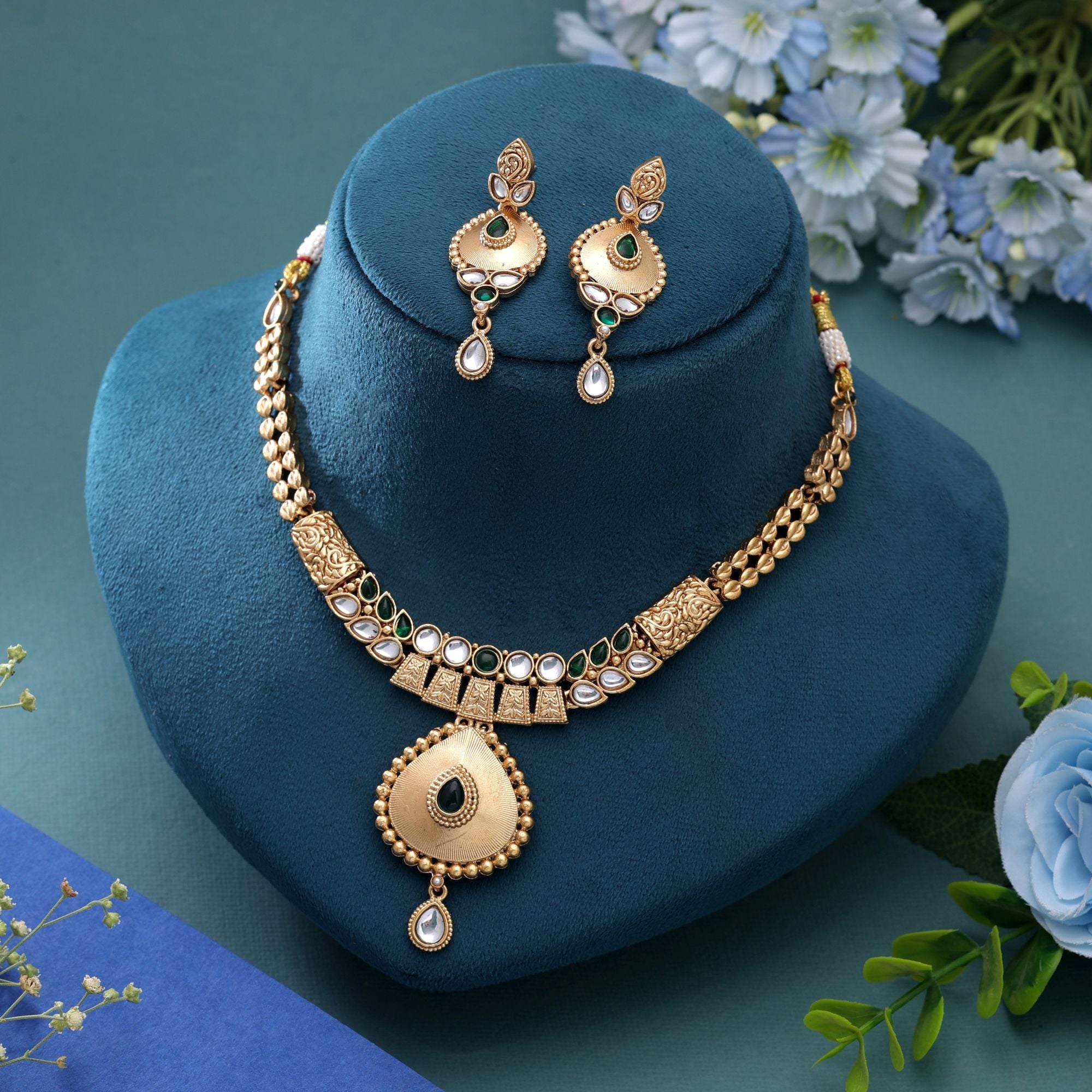 Green Color Temple Necklace Jewelry Set Bridal Style