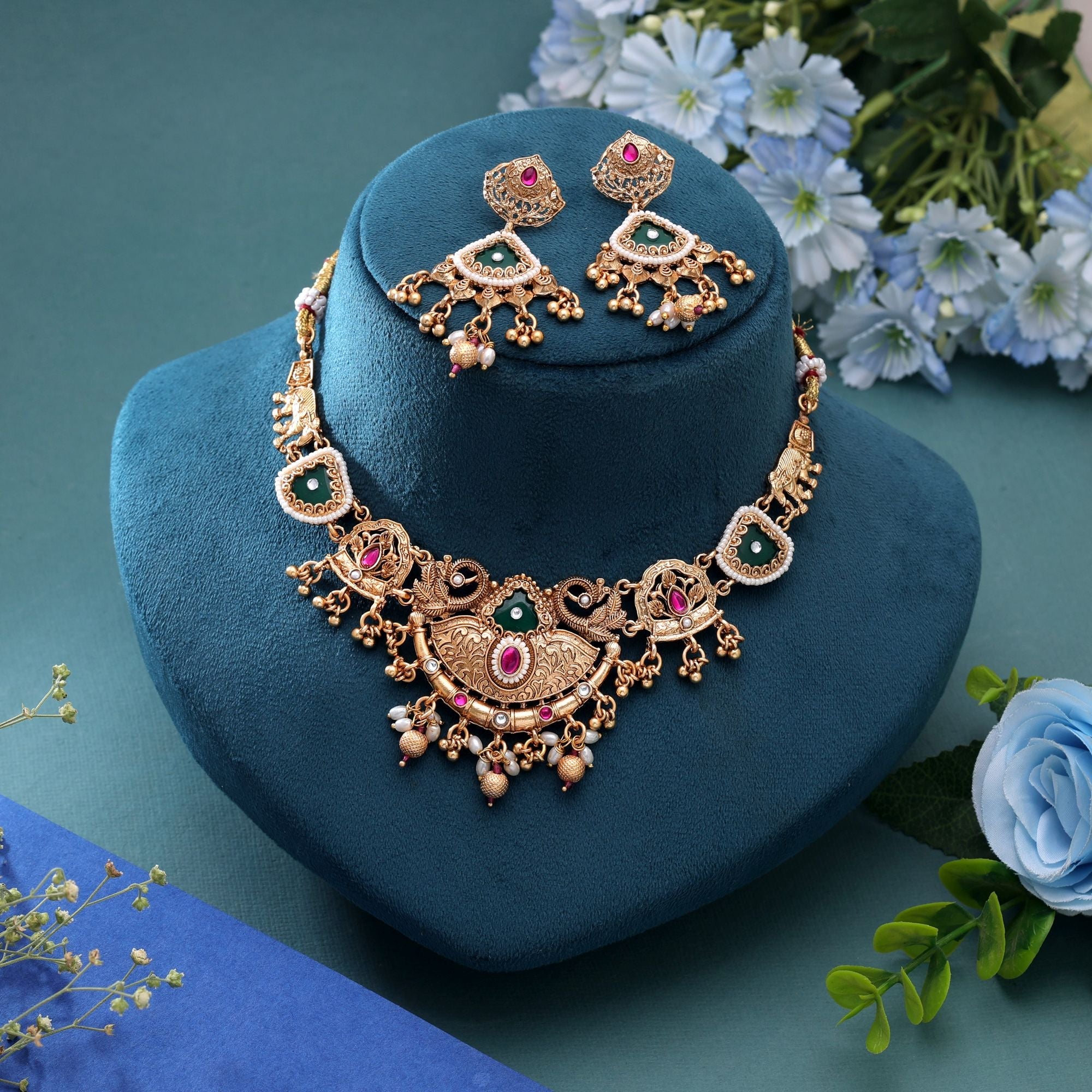 Multi Color Temple Necklace Jewelry Set Handmade Artwork