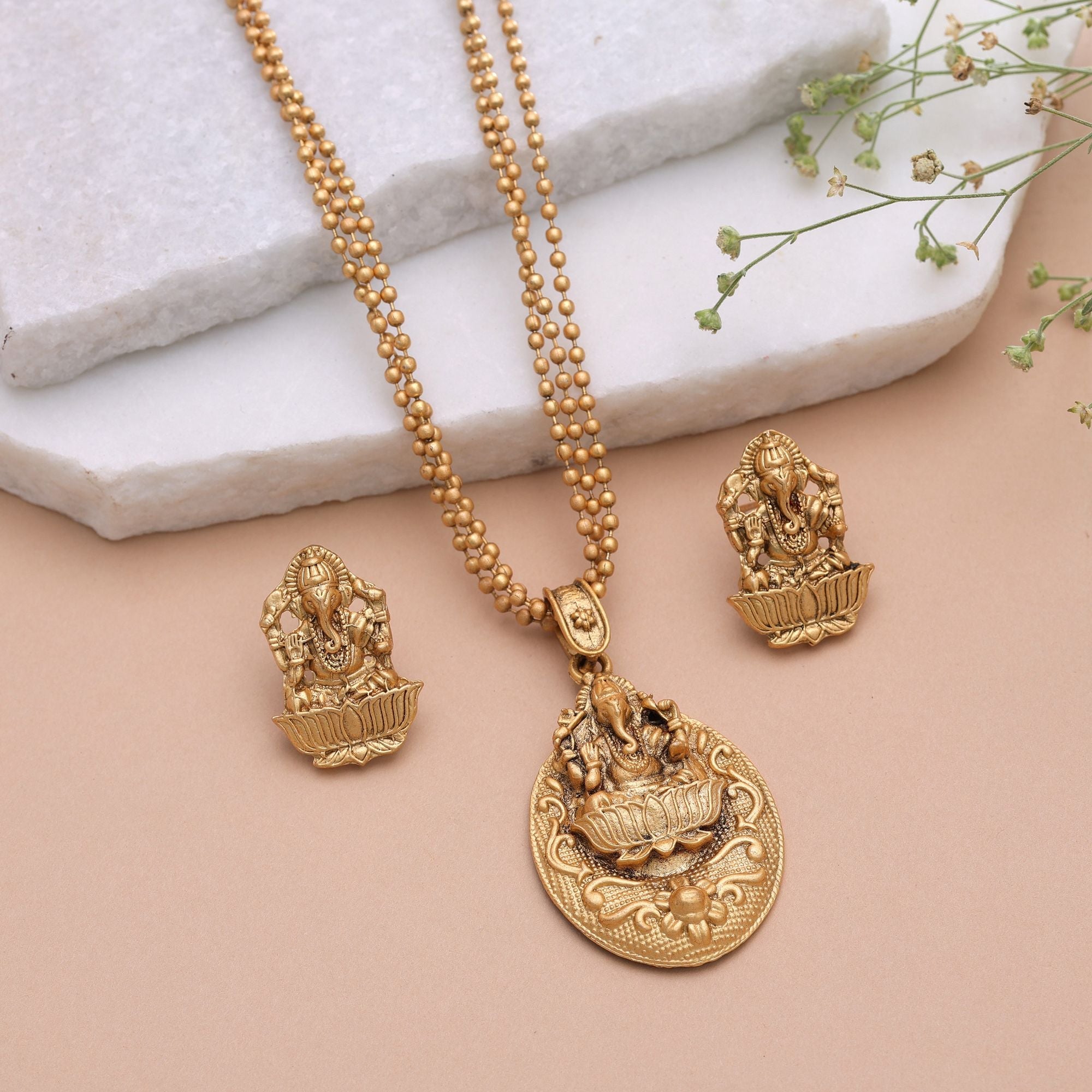 Gold Color Temple Necklace Jewelry Set South Indian Design