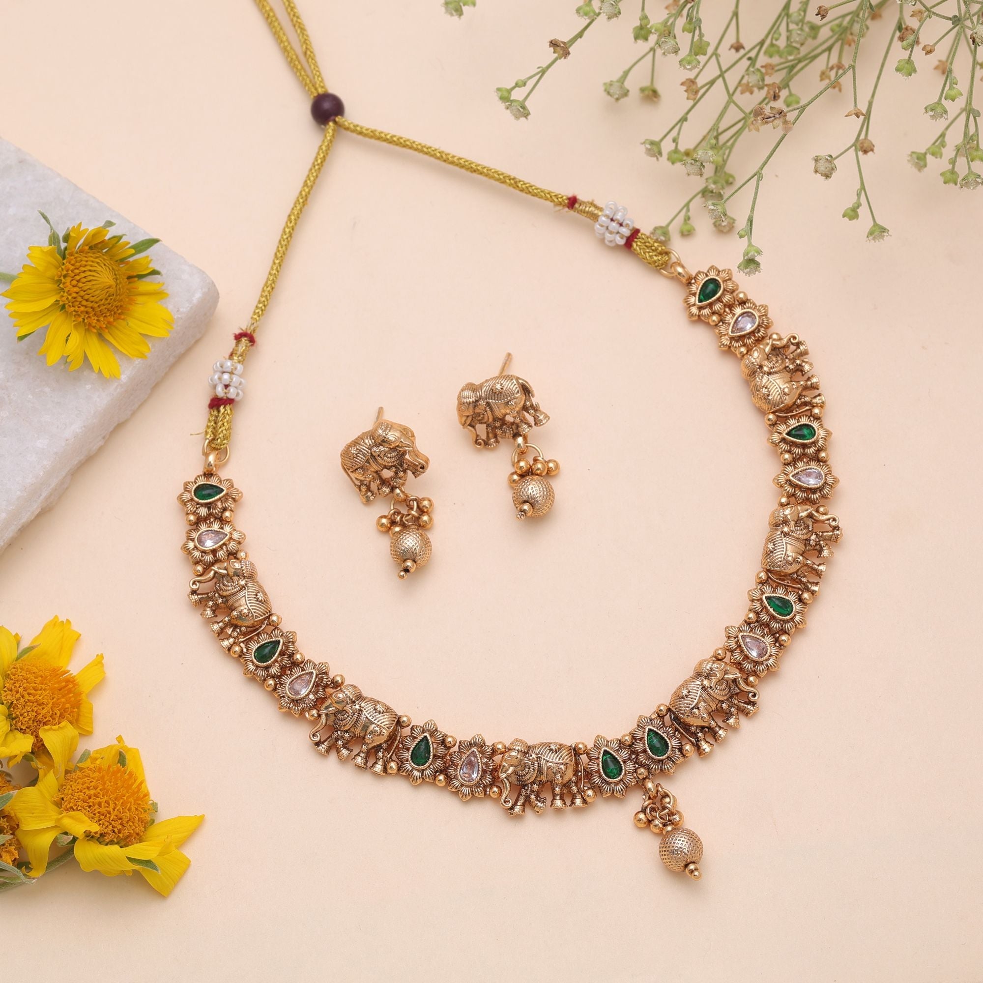 Green Color Temple Necklace Jewelry Set Handmade Finish