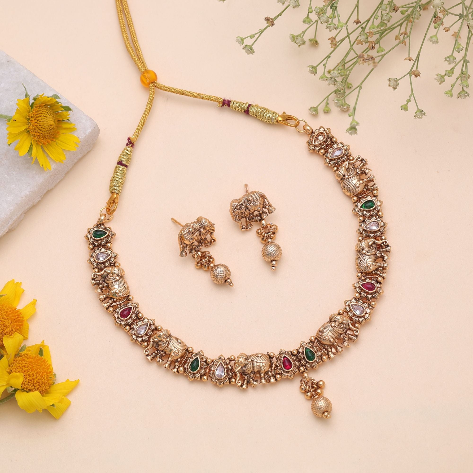 Multi Color Temple Necklace Jewelry Set Festive Collection