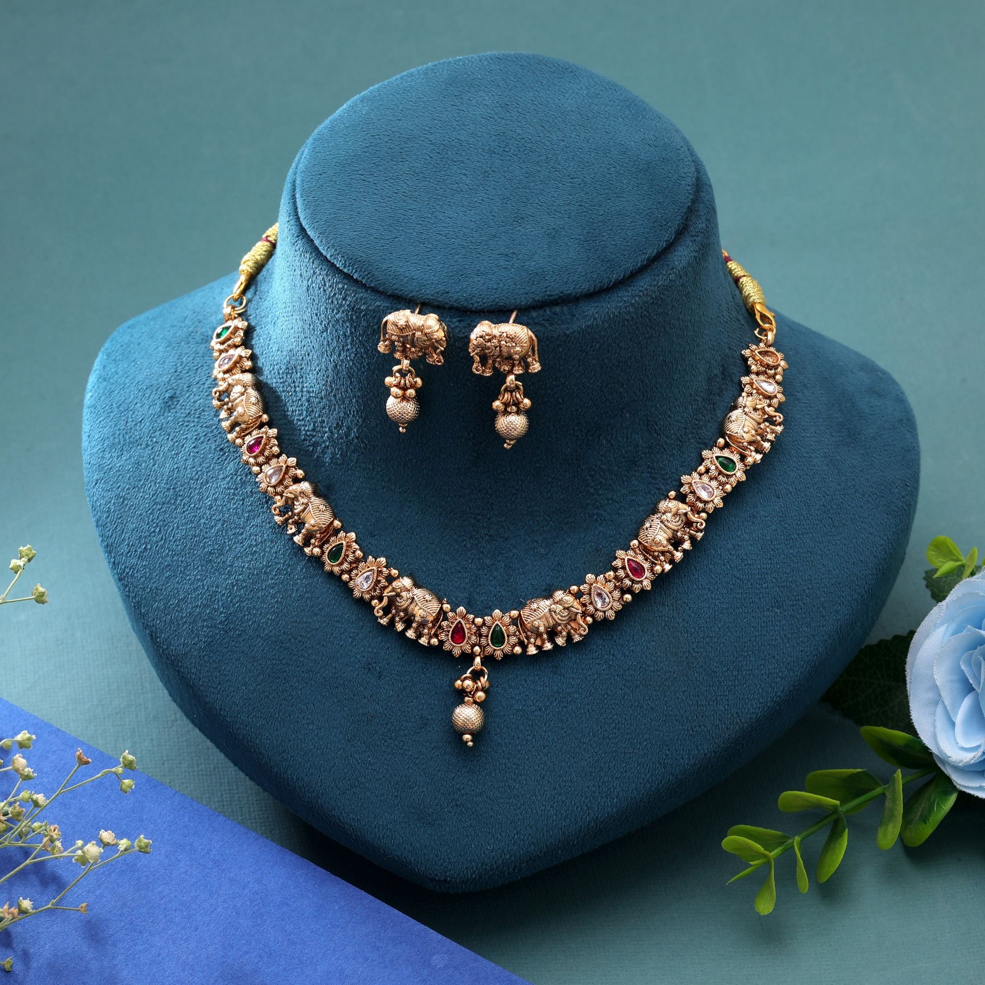 Multi Color Temple Necklace Jewelry Set Festive Collection