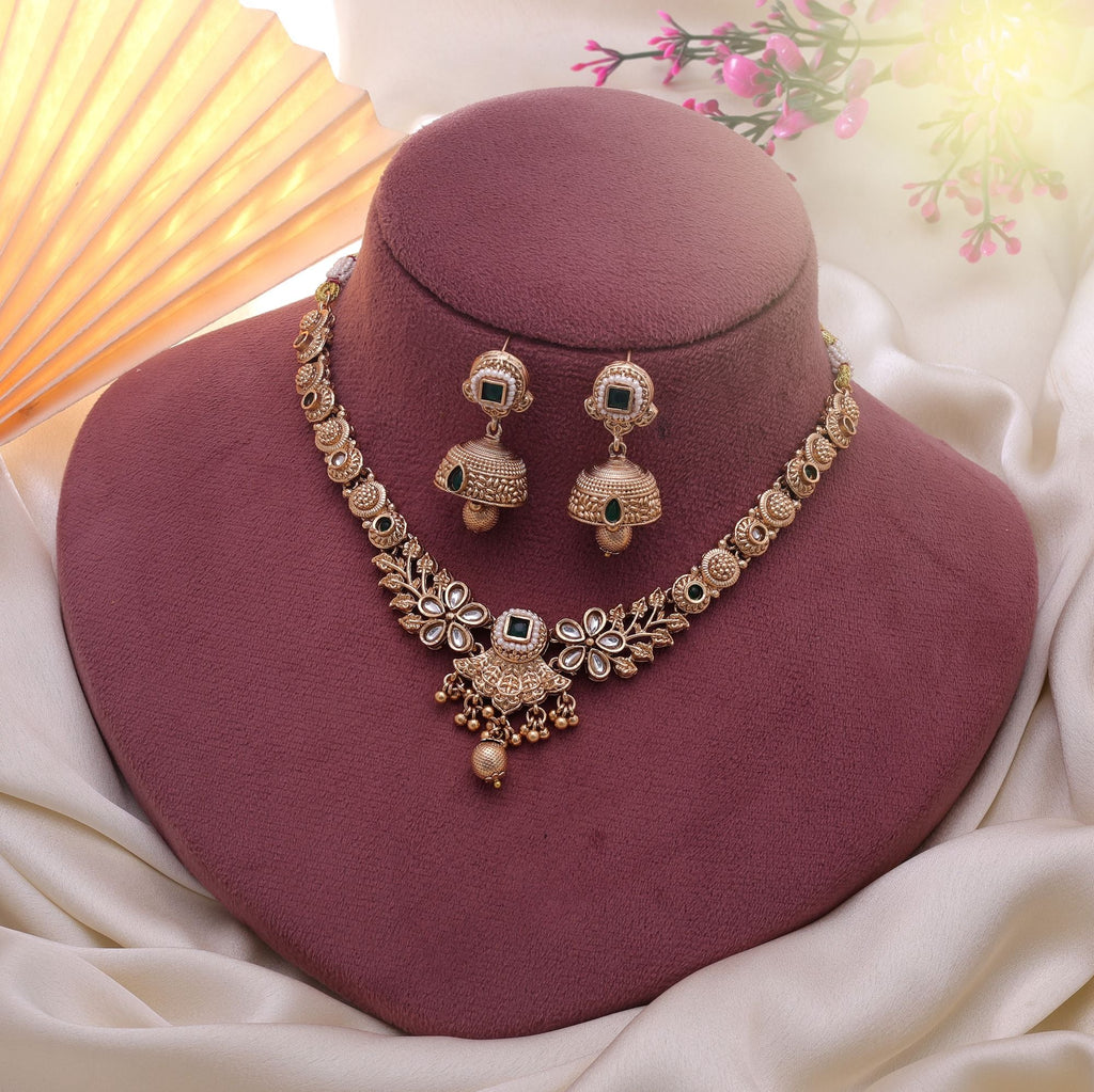 Green Color Temple Necklace Jewelry Set Festive Collection