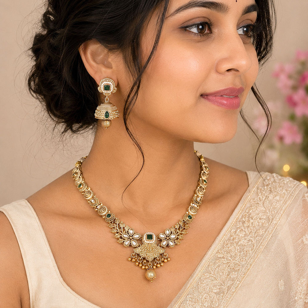 Green Color Temple Necklace Jewelry Set Festive Collection