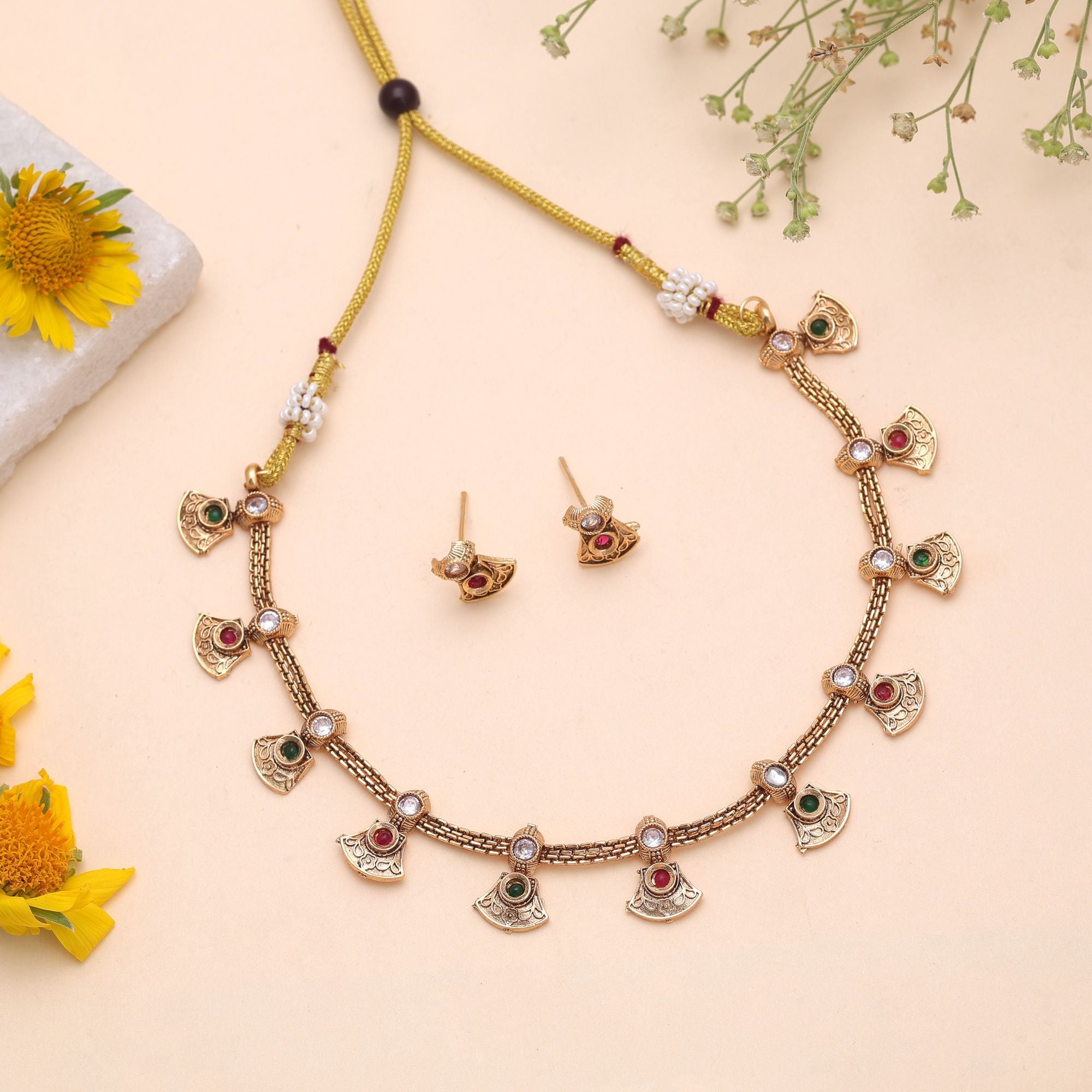Multi Color Temple Necklace Jewelry Set Royal Bridal Style