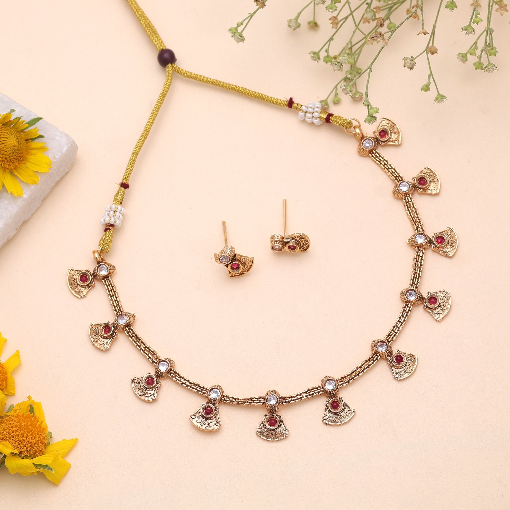 Rani Color Temple Necklace Jewelry Set Antique Gold Finish