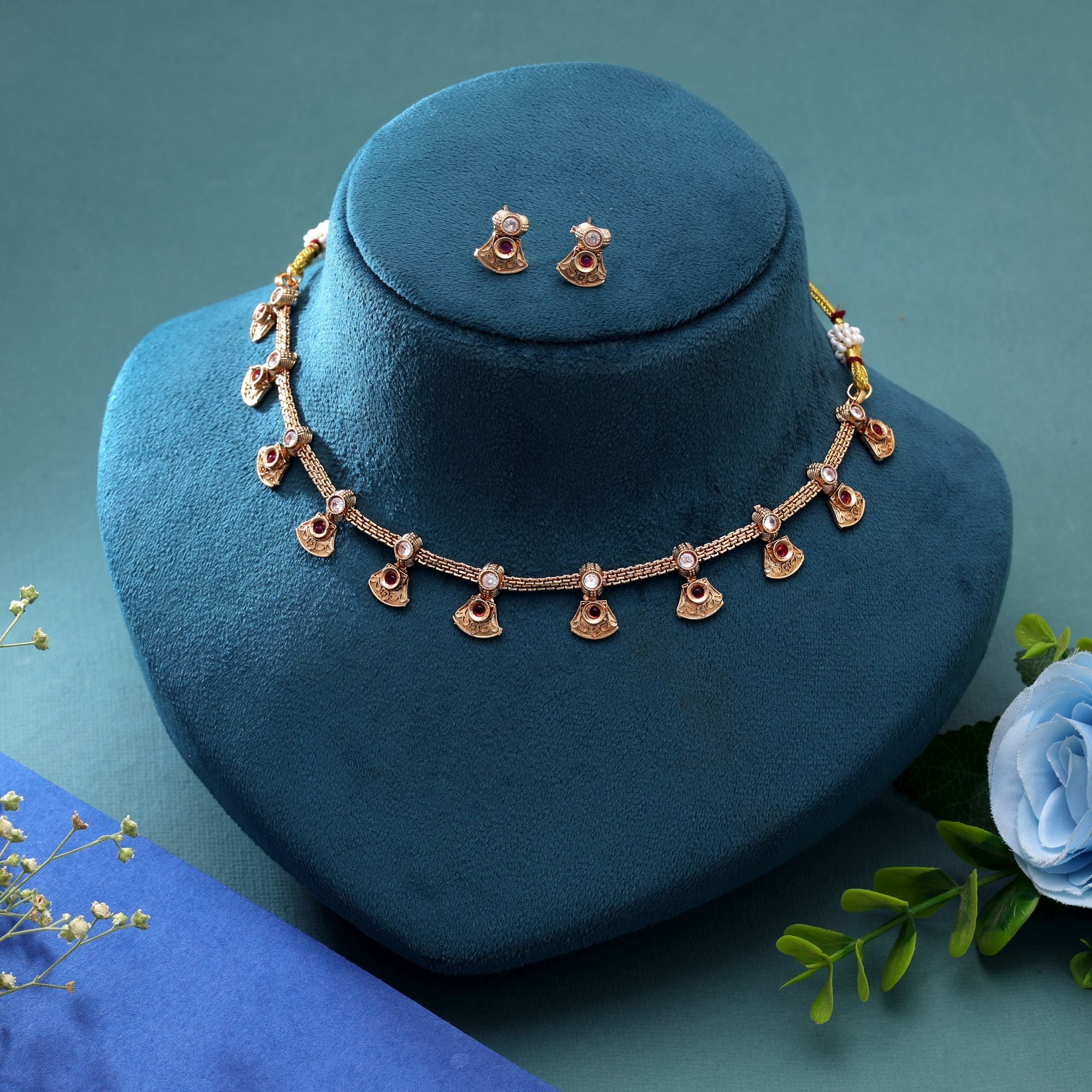 Rani Color Temple Necklace Jewelry Set Antique Gold Finish