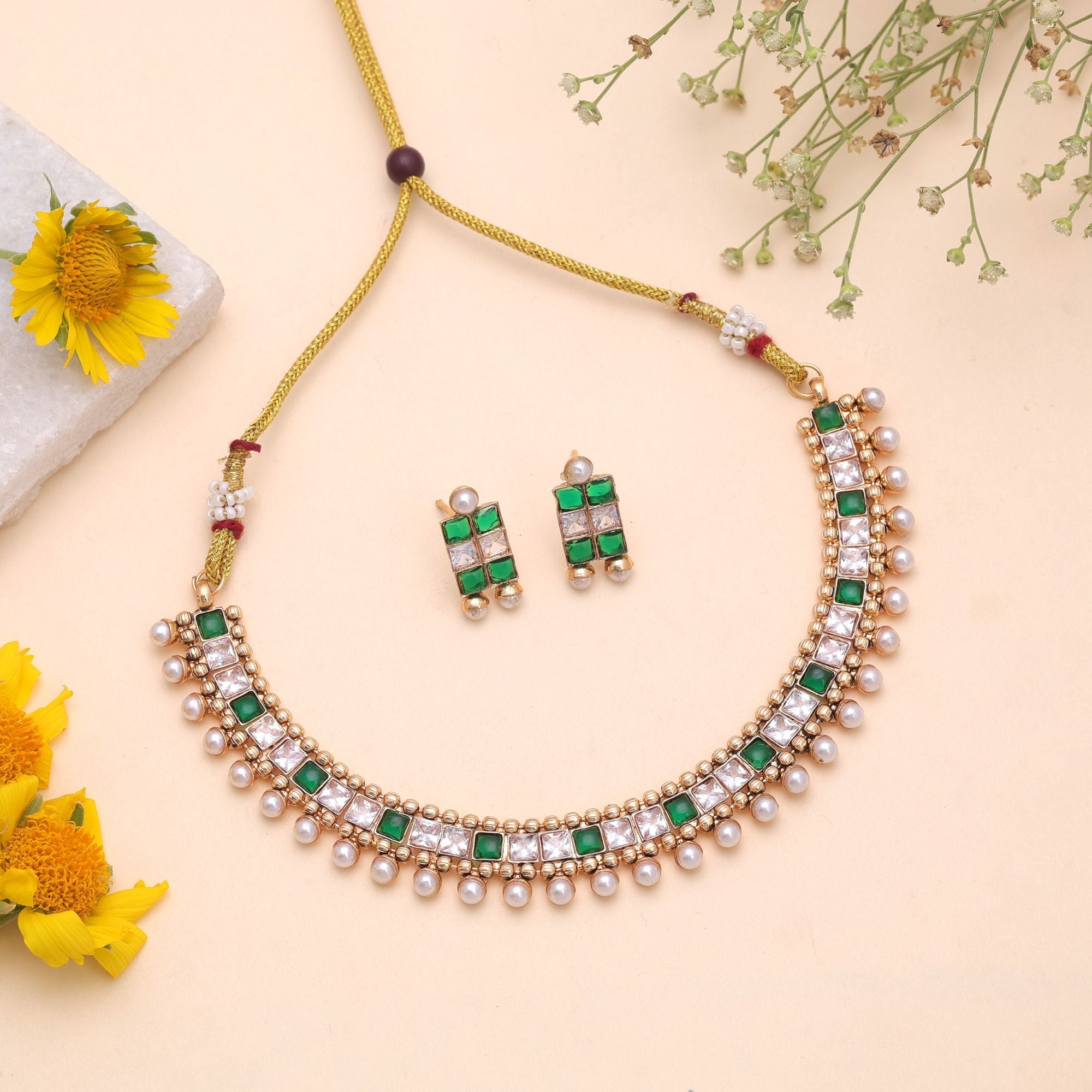 Green Color Temple Necklace Jewelry Set Heritage Design