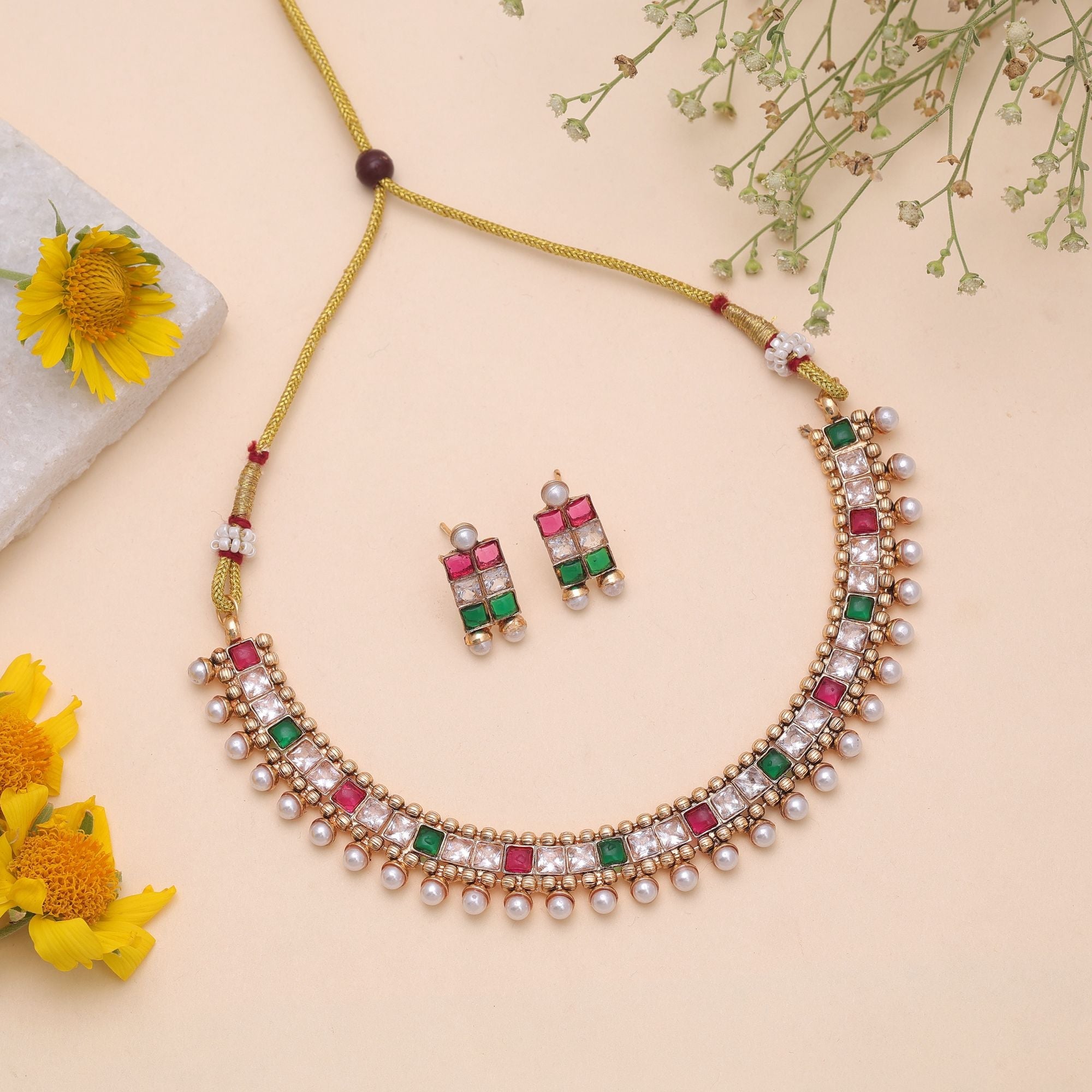 Multi Color Temple Necklace Jewelry Set Designer Appeal