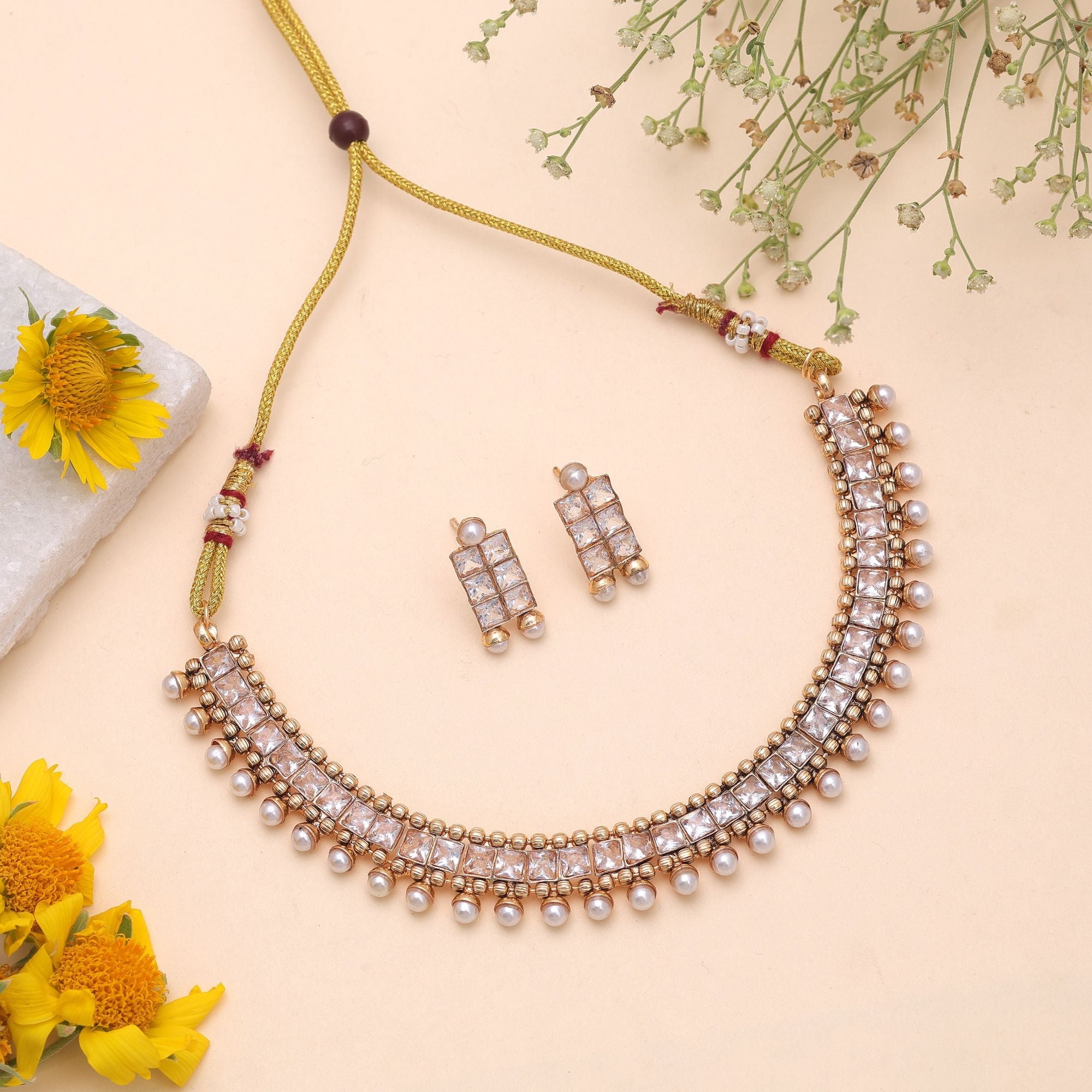 White Color Temple Necklace Jewelry Set Bridal Look