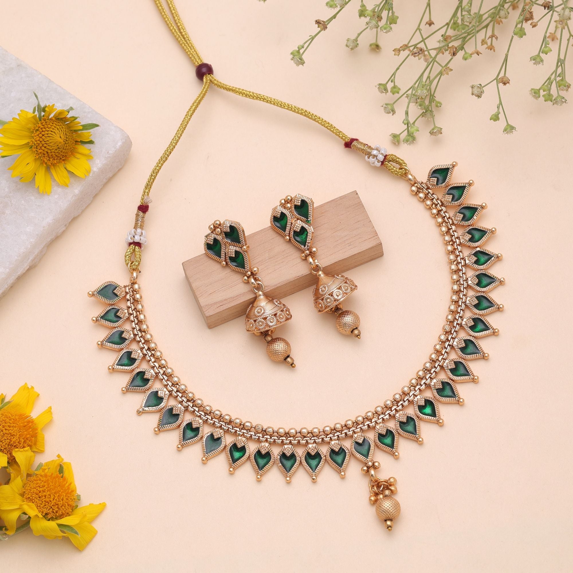 Green Color Temple Necklace Jewelry Set Antique Gold Finish