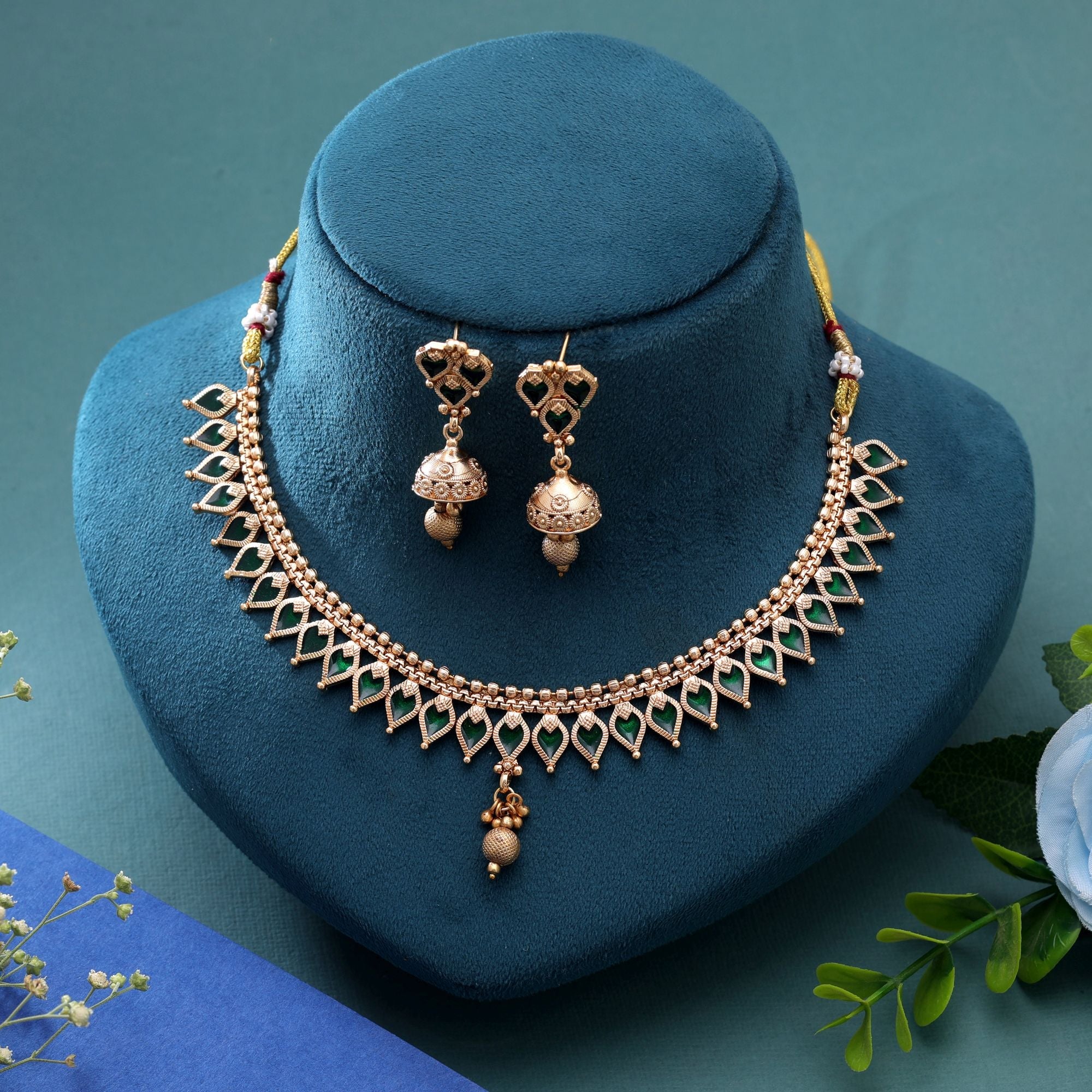 Green Color Temple Necklace Jewelry Set Antique Gold Finish