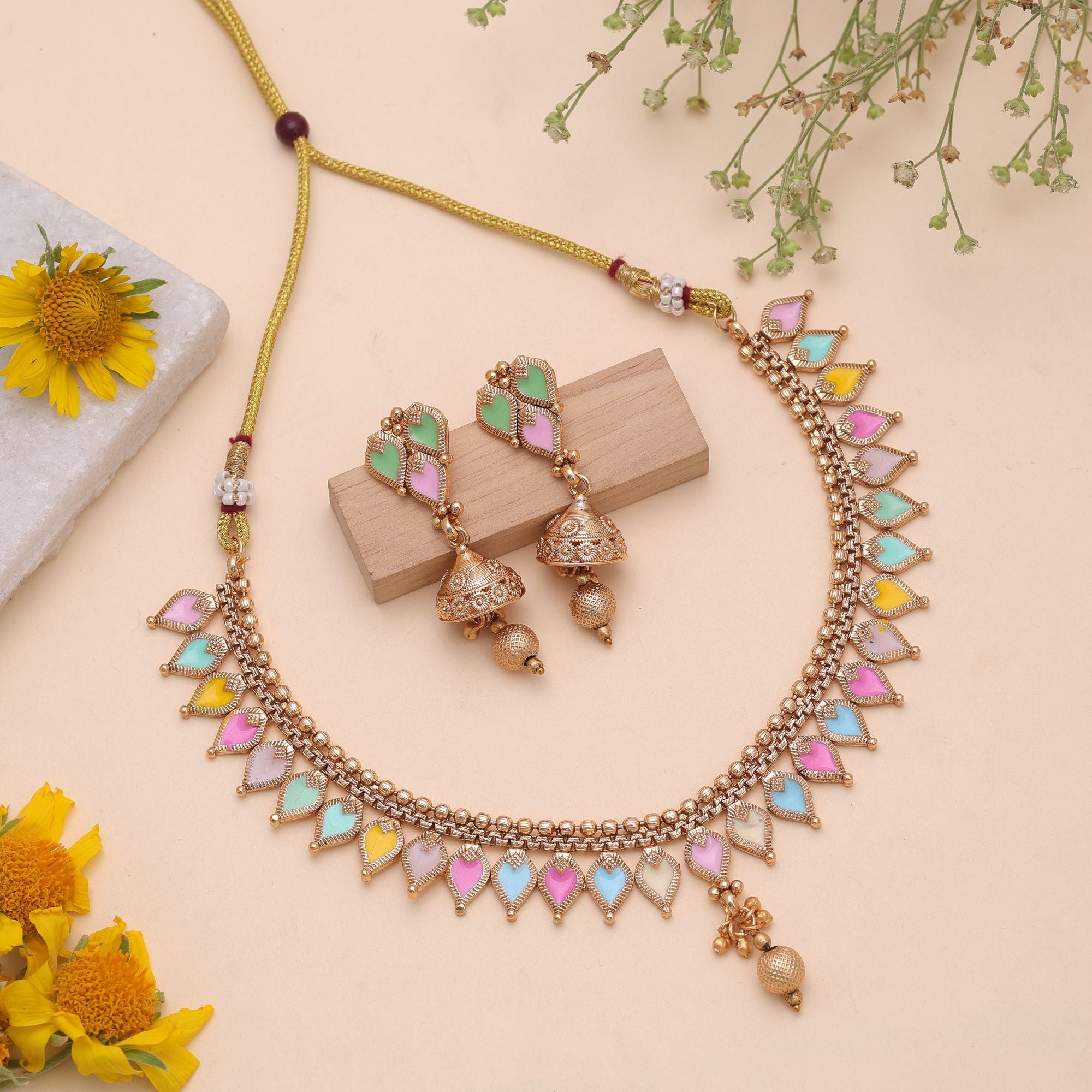 Multi Color Temple Necklace Jewelry Set Antique Style