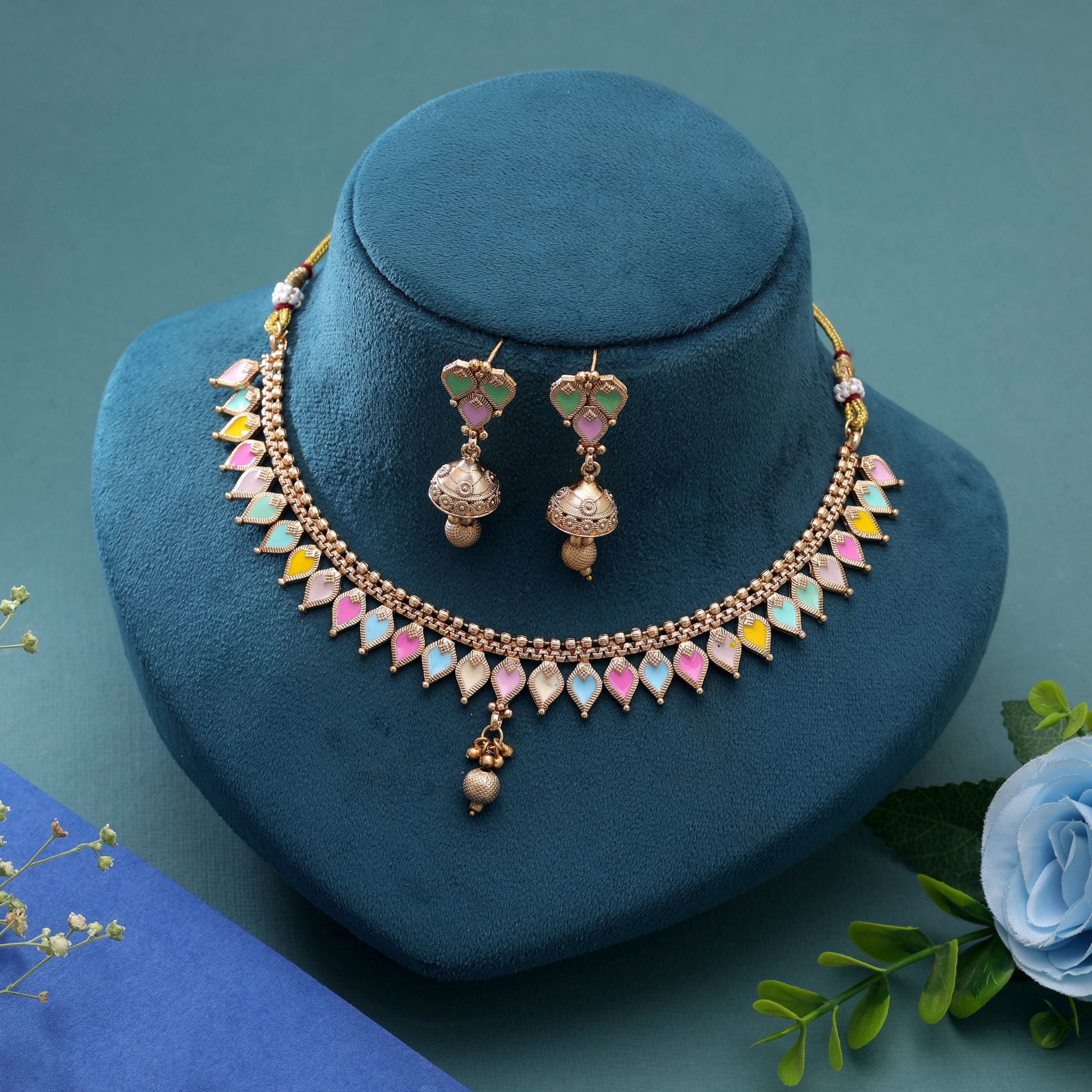 Multi Color Temple Necklace Jewelry Set Antique Style