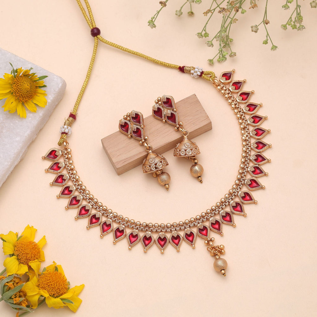 Red Color Temple Necklace Jewelry Set Traditional Appeal